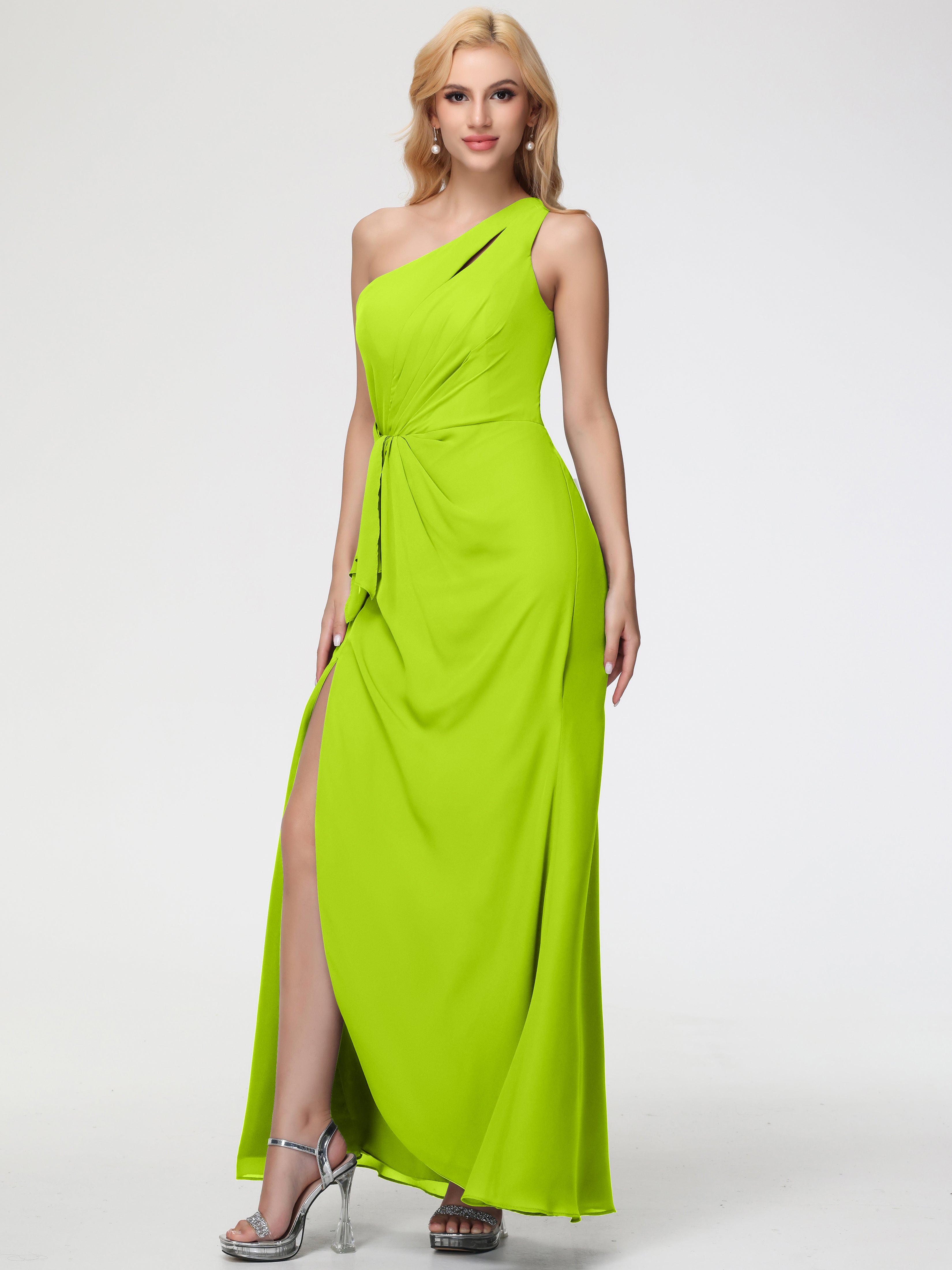 One Shoulder Sheath/Column Sleeveless Long Split Chiffon Bridesmaid Dresses