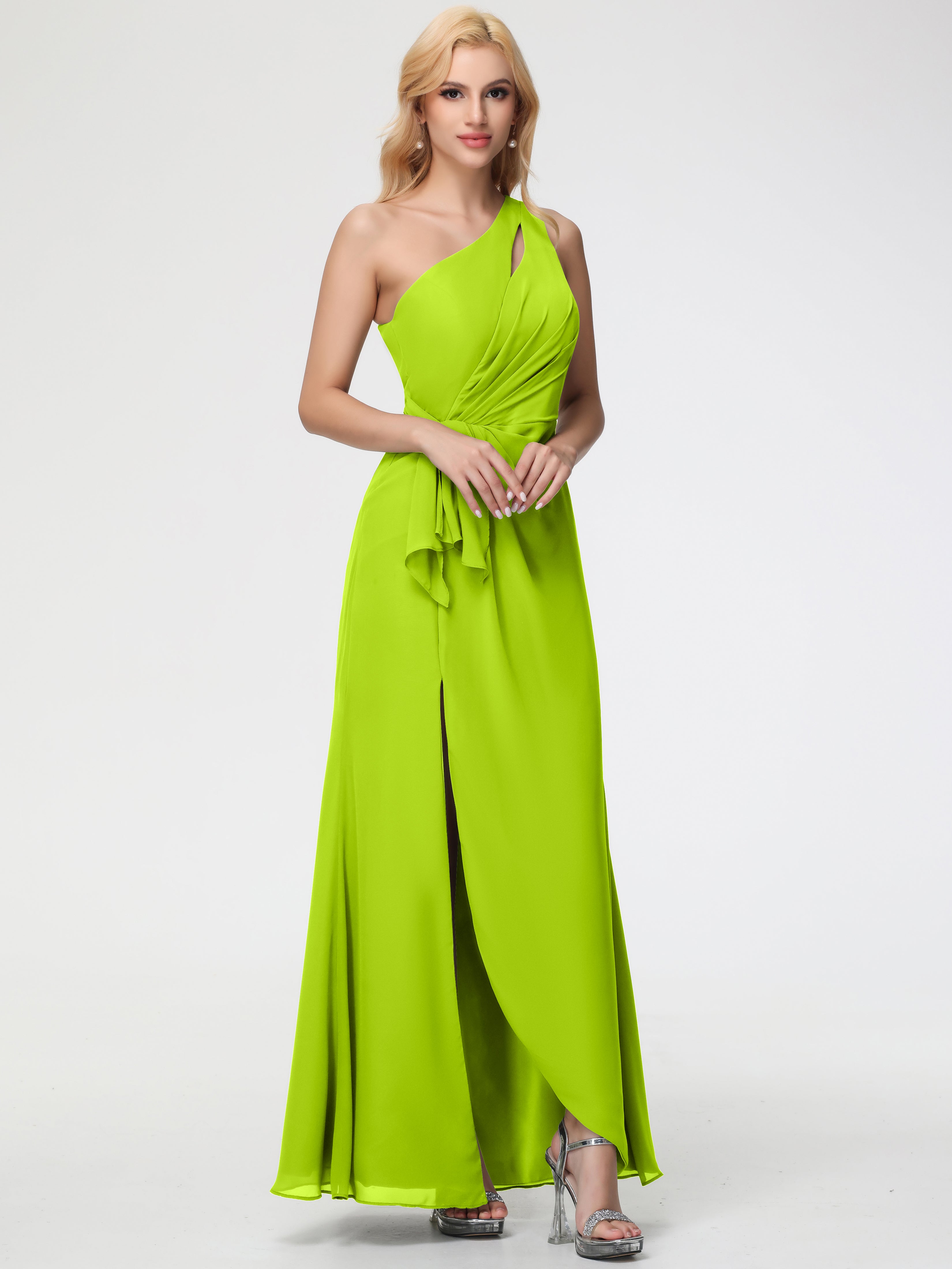 One Shoulder Sheath/Column Sleeveless Long Split Chiffon Bridesmaid Dresses