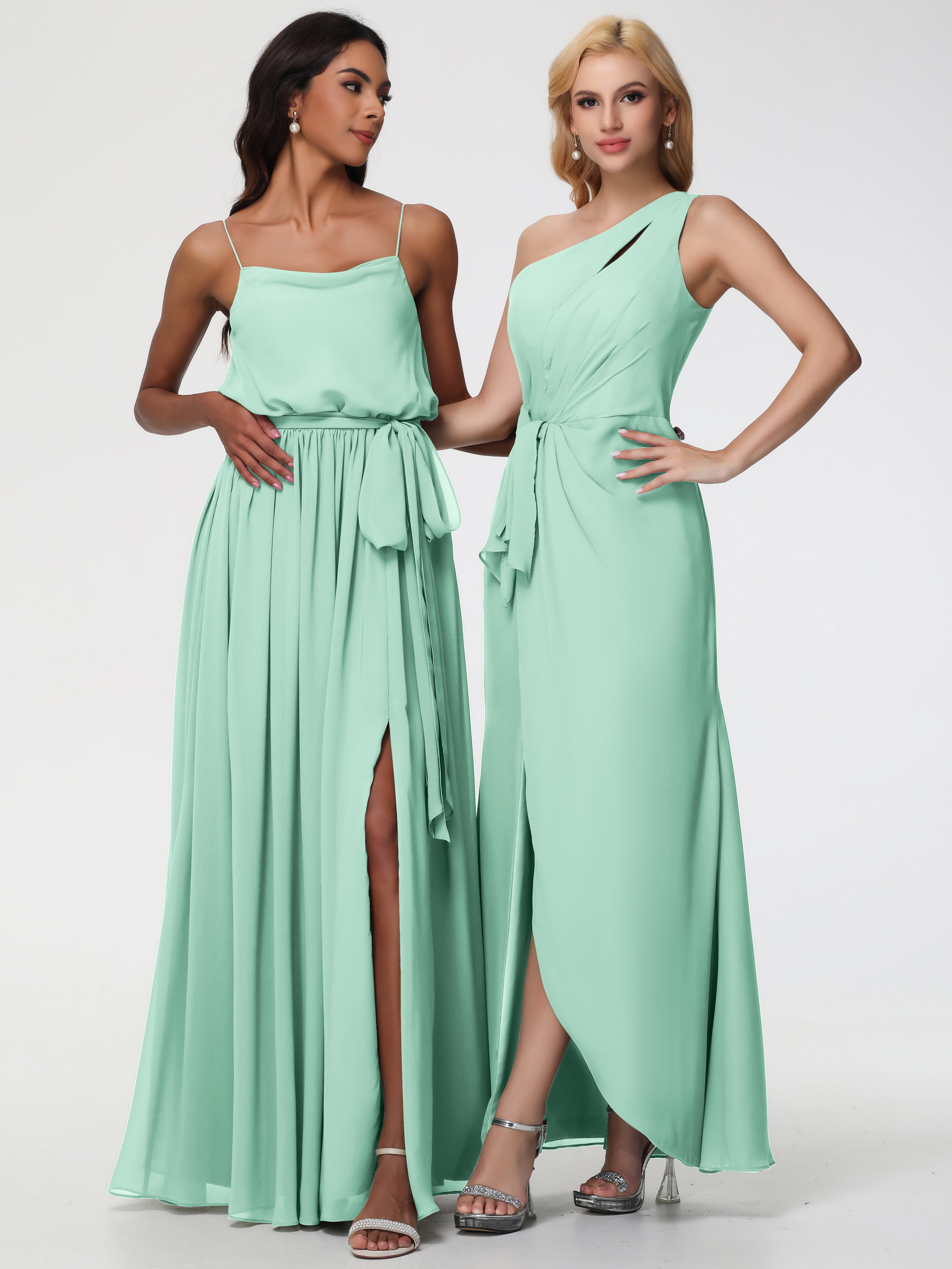 One Shoulder Sheath/Column Sleeveless Long Split Chiffon Bridesmaid Dresses