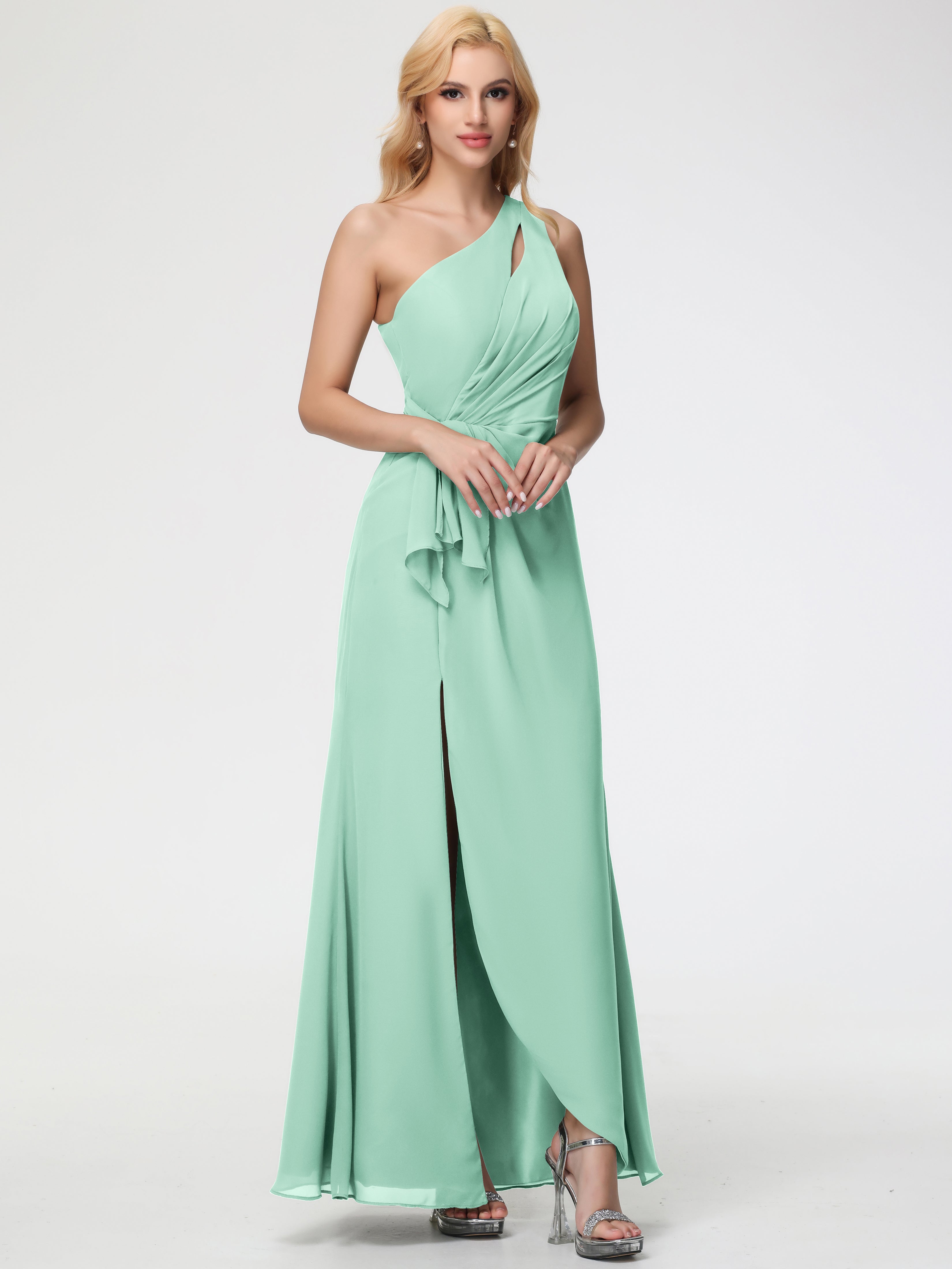 One Shoulder Sheath/Column Sleeveless Long Split Chiffon Bridesmaid Dresses
