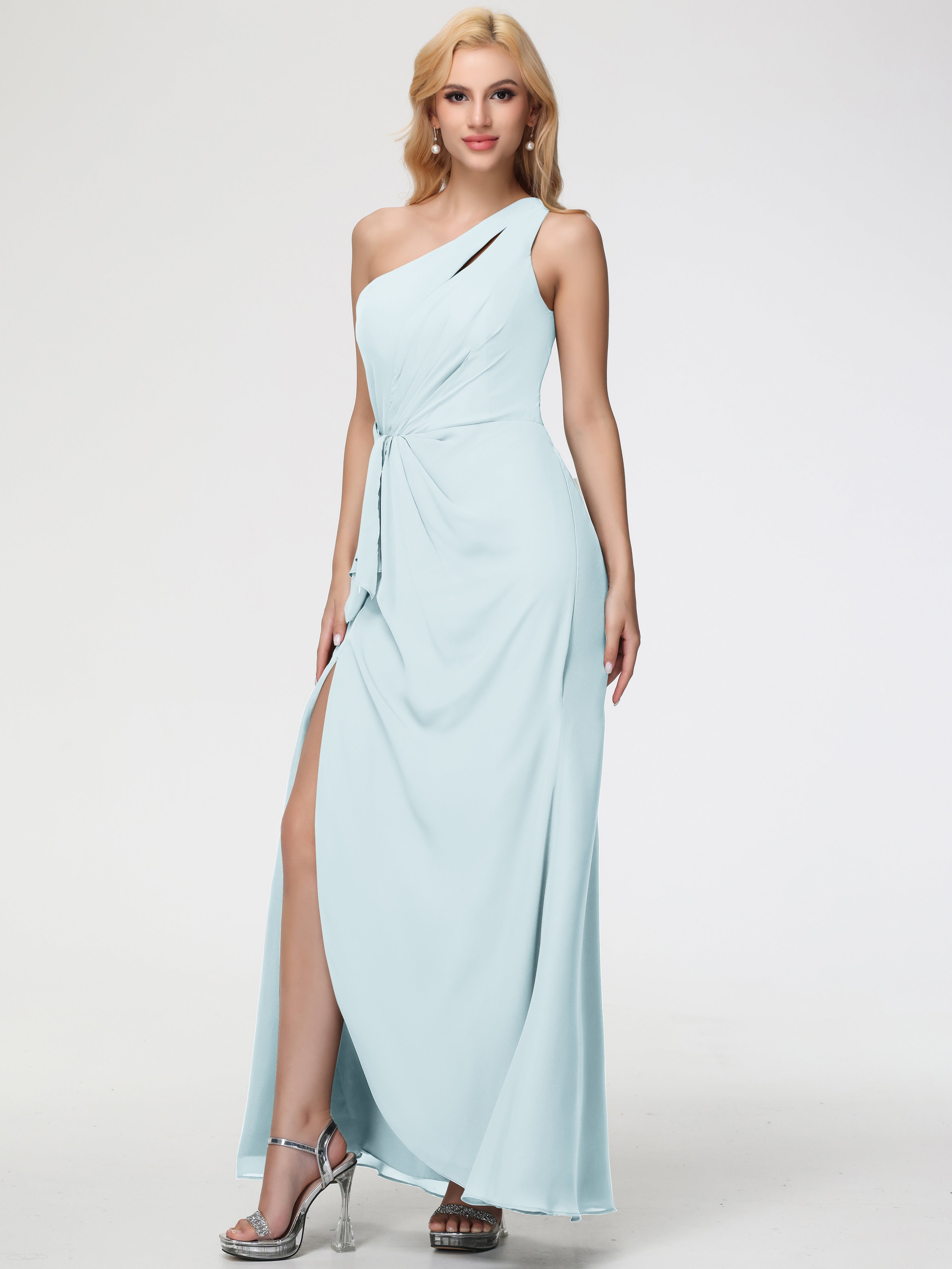 One Shoulder Sheath/Column Sleeveless Long Split Chiffon Bridesmaid Dresses
