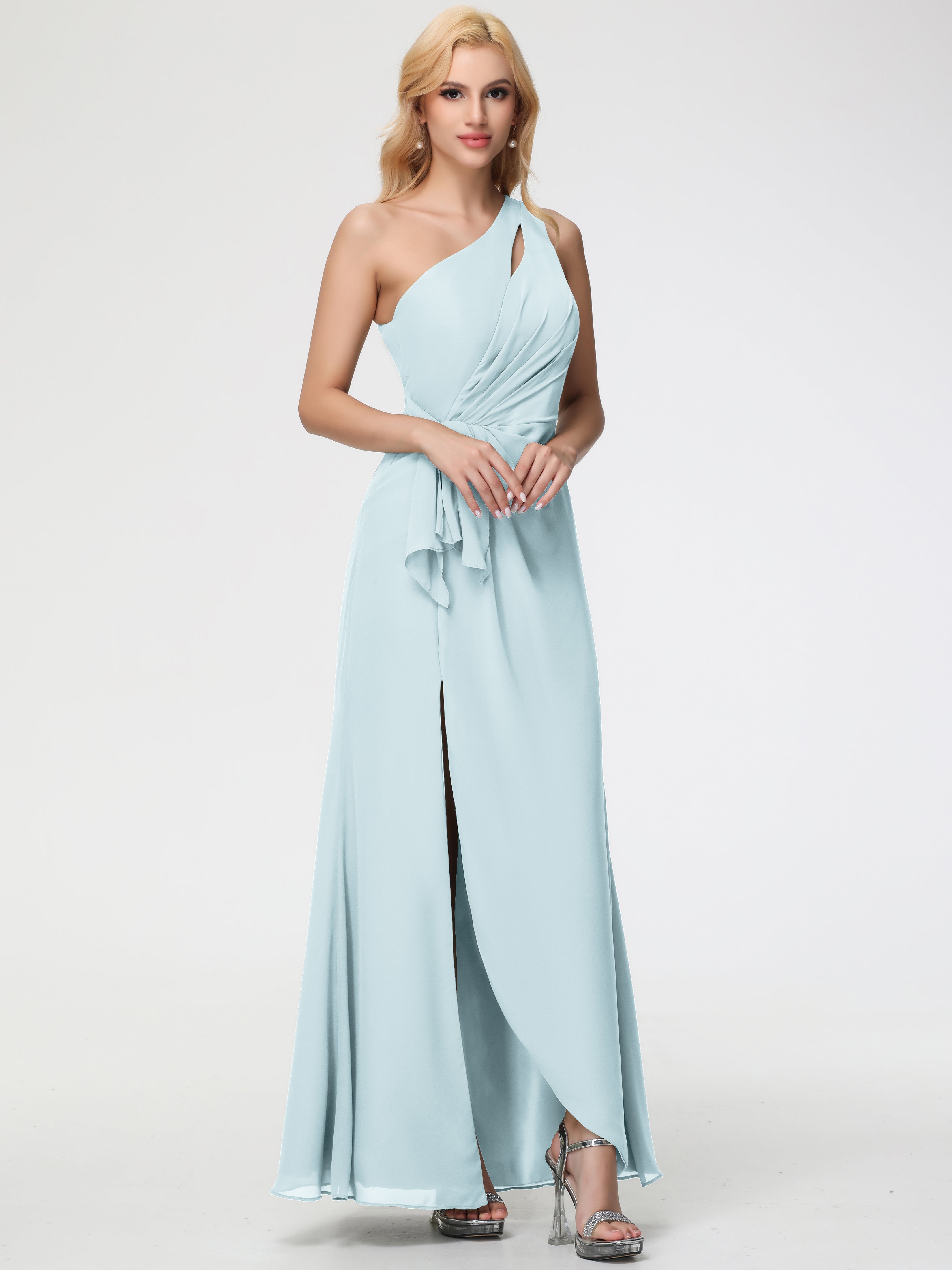 One Shoulder Sheath/Column Sleeveless Long Split Chiffon Bridesmaid Dresses