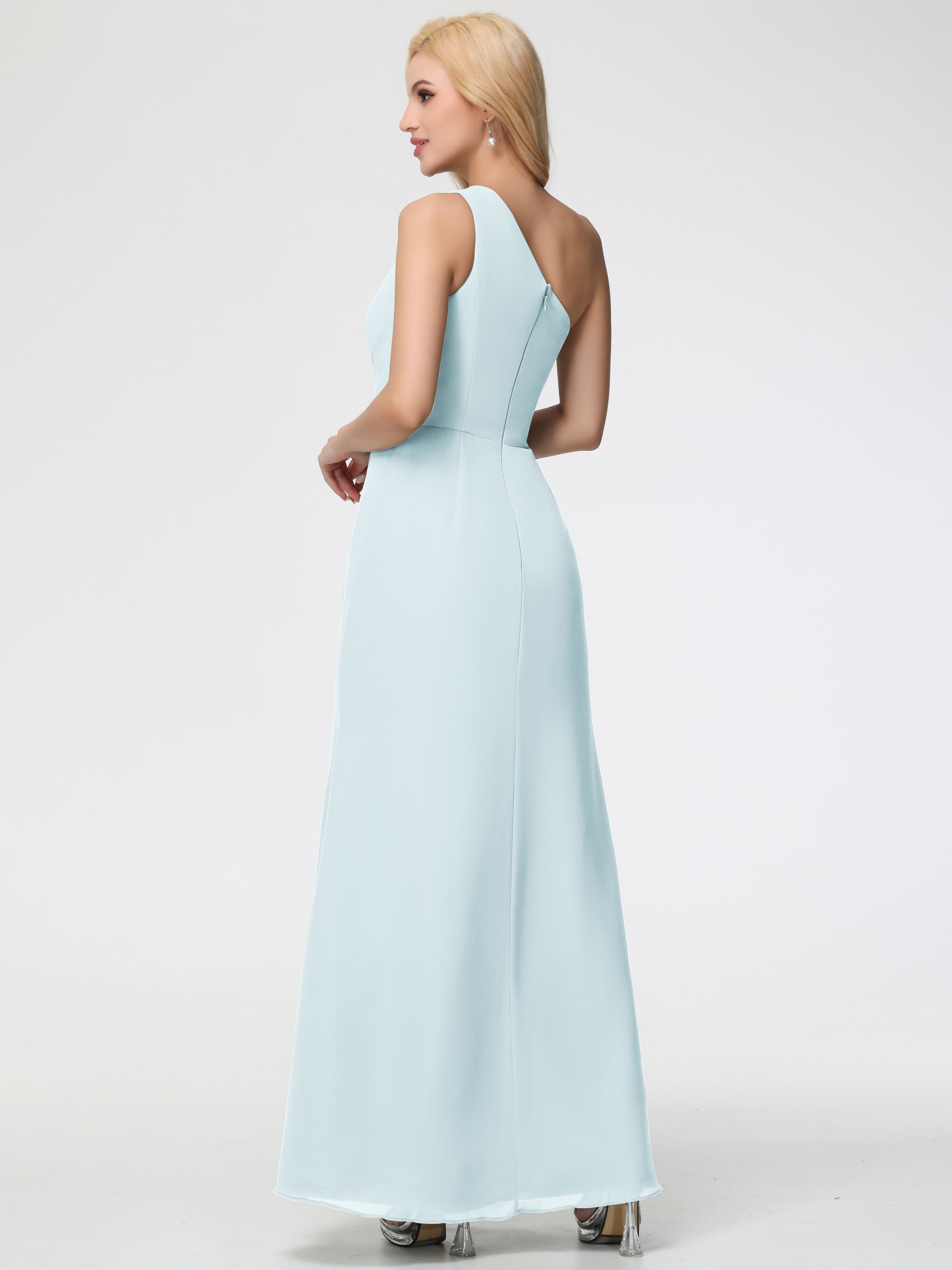 One Shoulder Sheath/Column Sleeveless Long Split Chiffon Bridesmaid Dresses