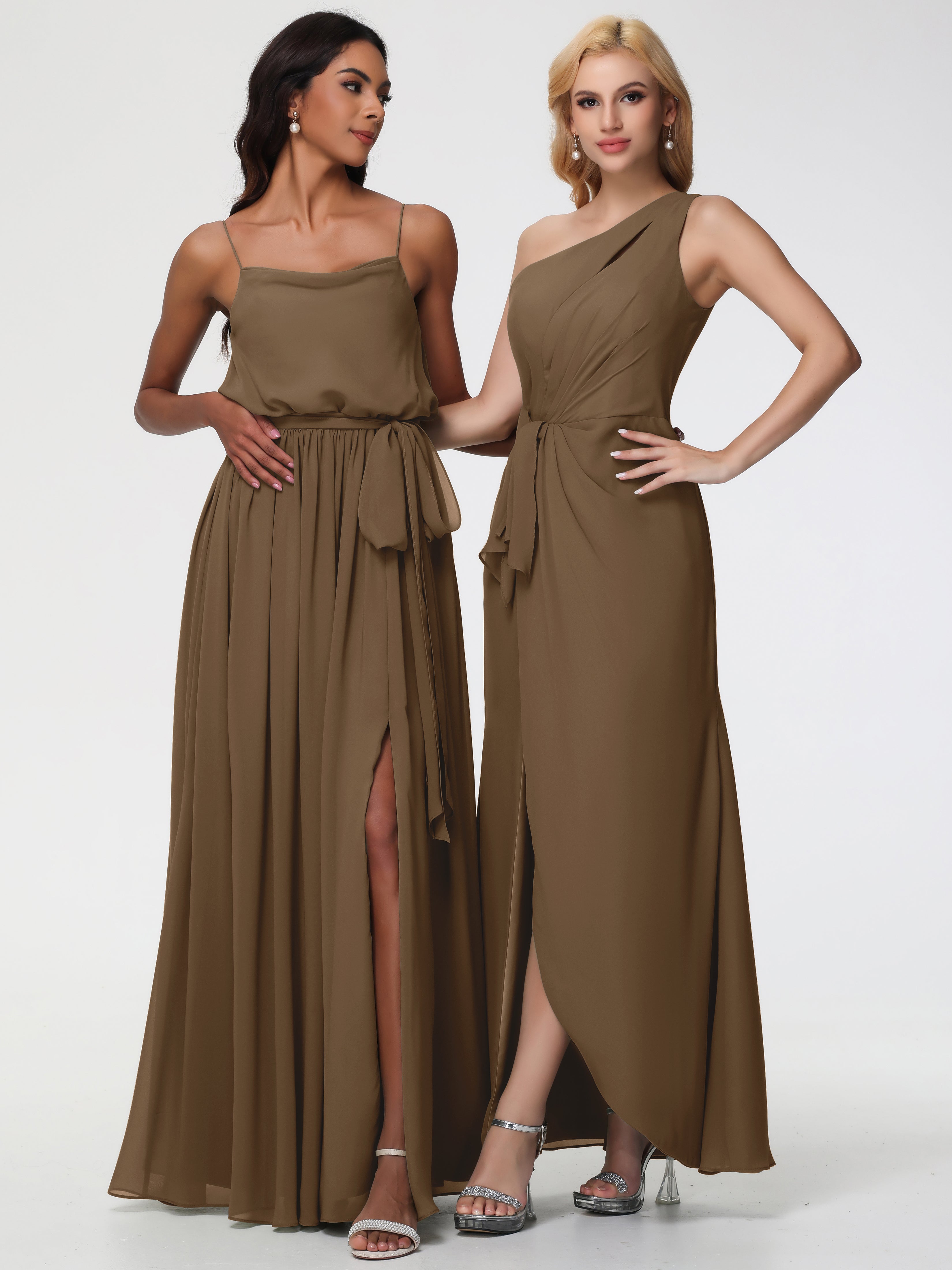 One Shoulder Sheath/Column Sleeveless Long Split Chiffon Bridesmaid Dresses