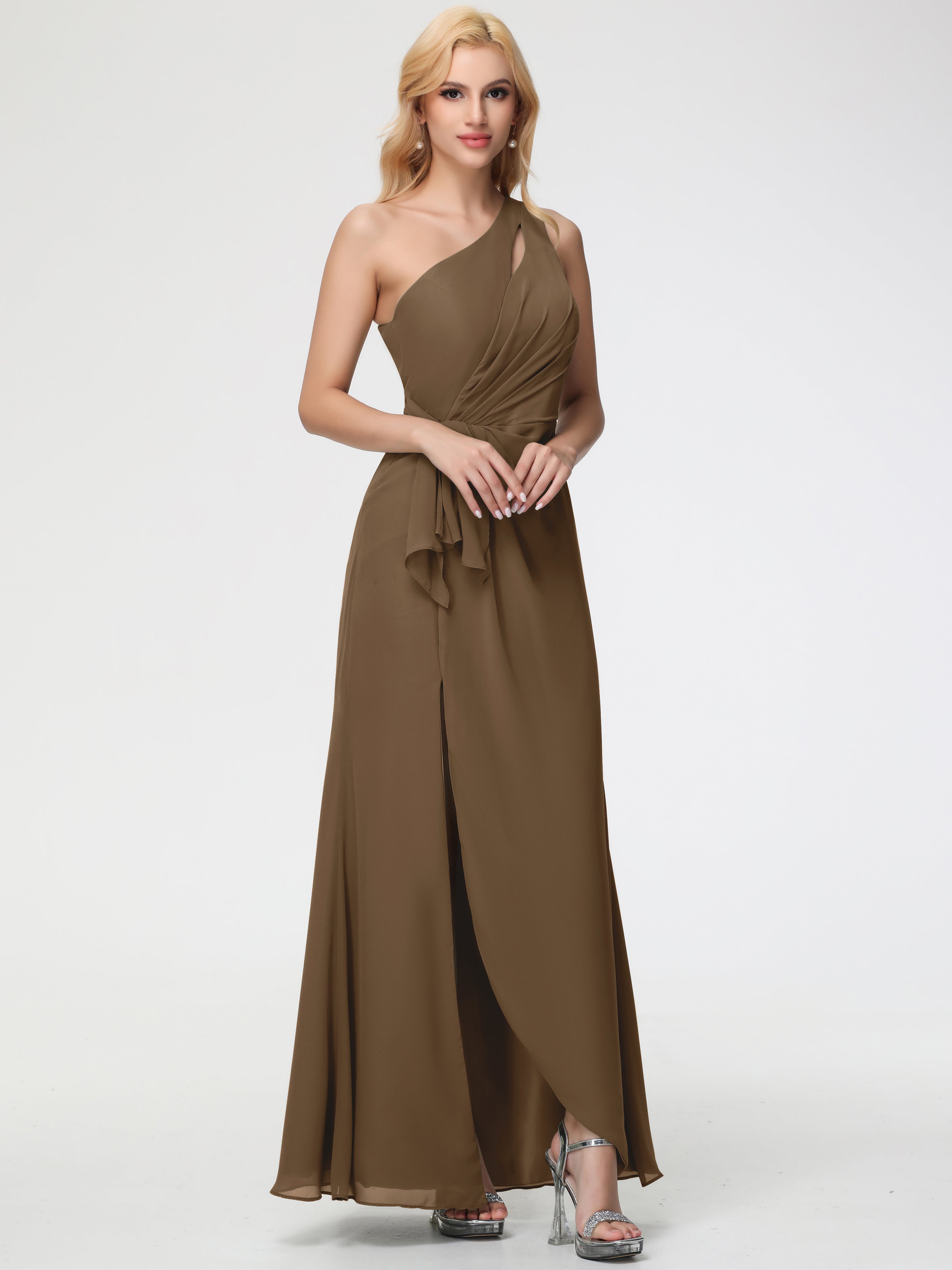 One Shoulder Sheath/Column Sleeveless Long Split Chiffon Bridesmaid Dresses