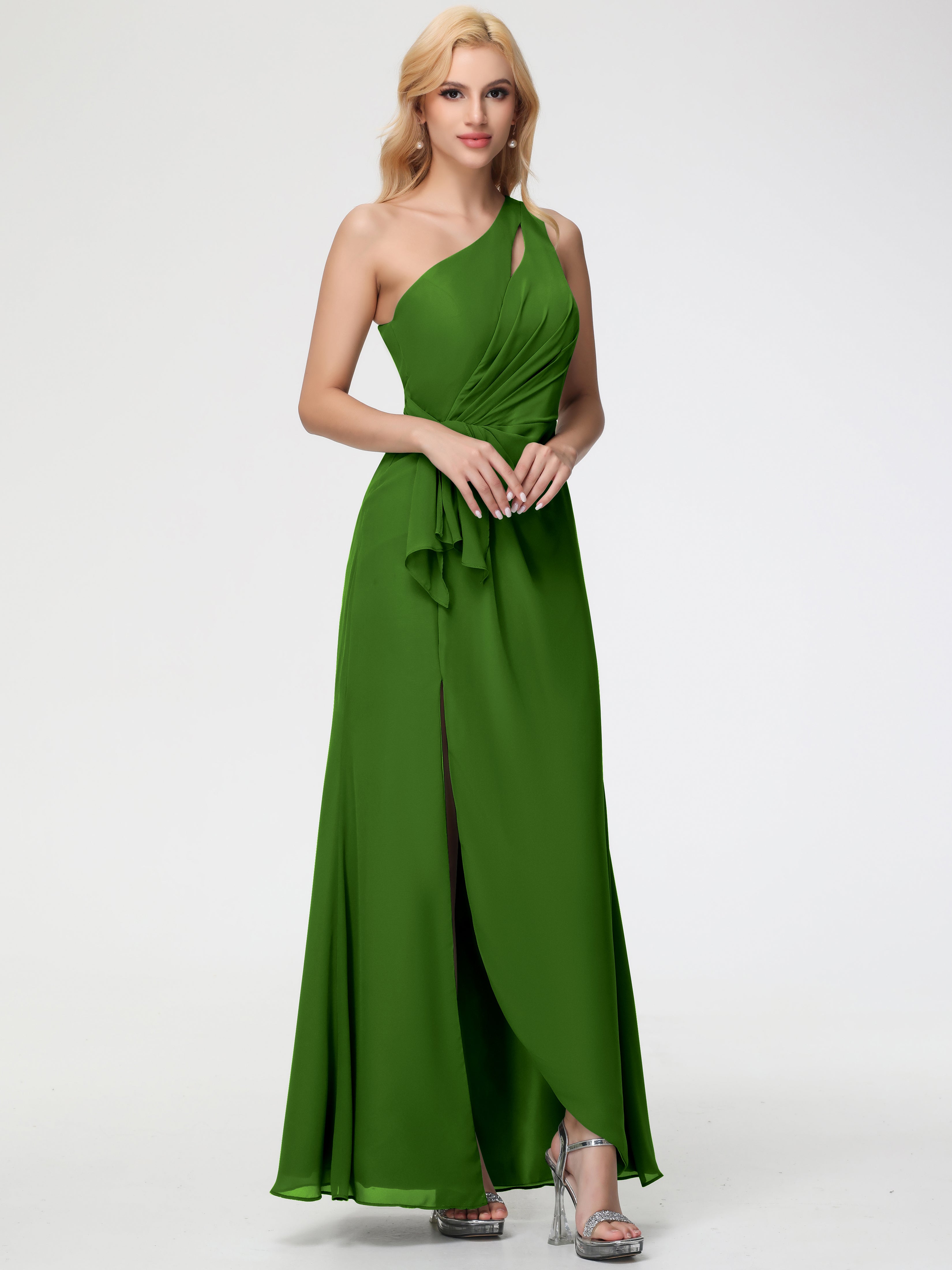 One Shoulder Sheath/Column Sleeveless Long Split Chiffon Bridesmaid Dresses