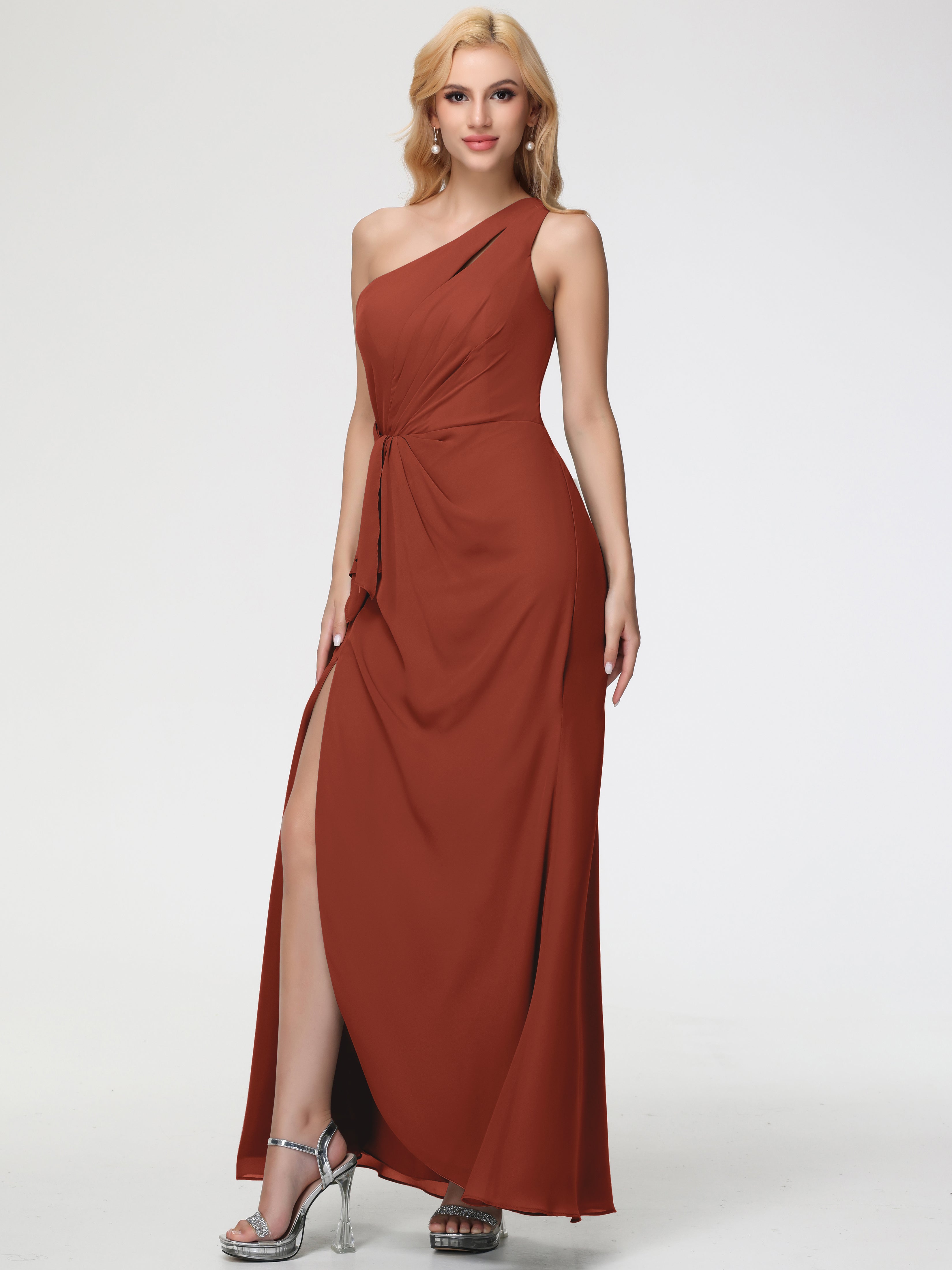 One Shoulder Sheath/Column Sleeveless Long Split Chiffon Bridesmaid Dresses (Copy)