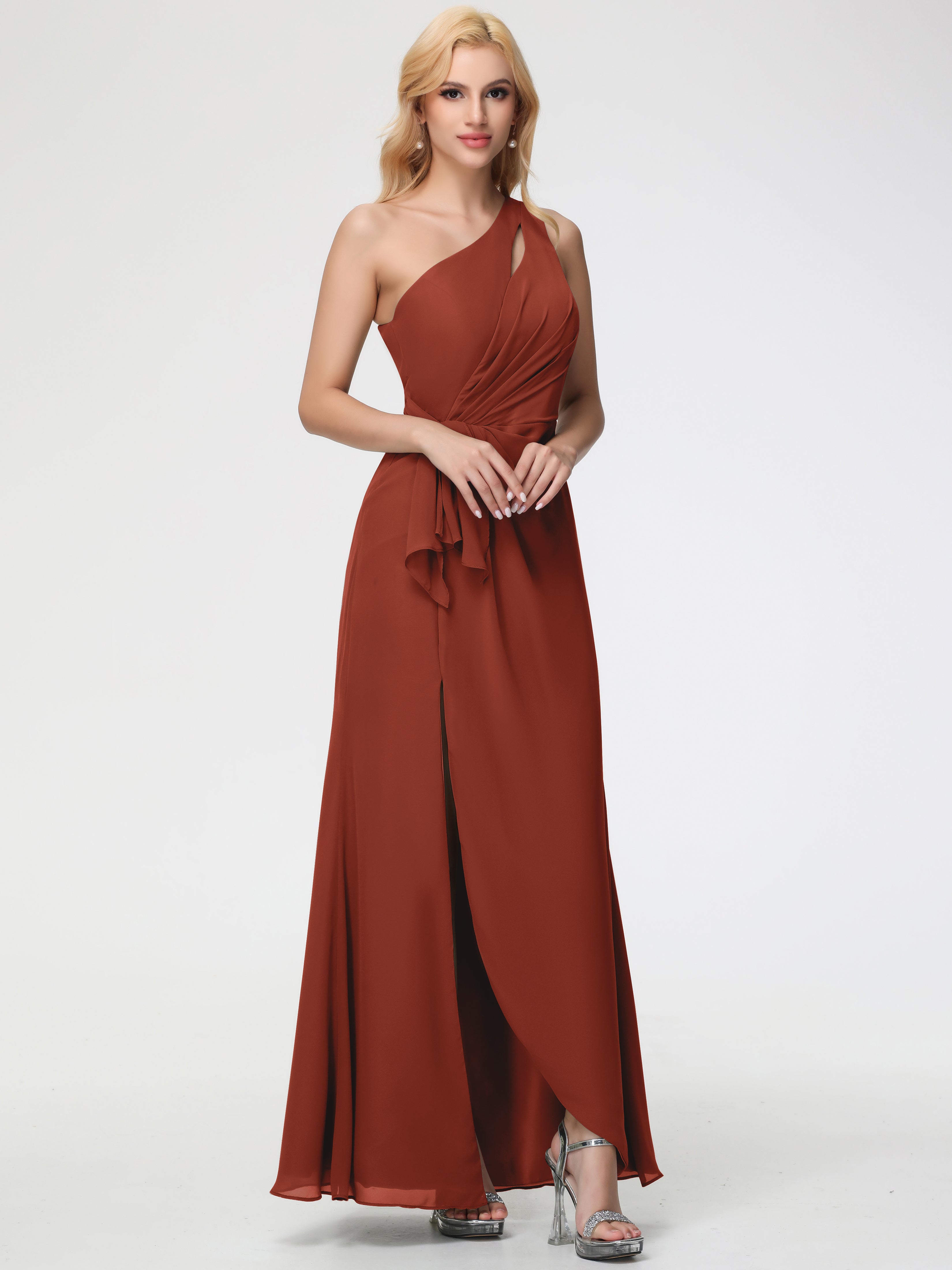 One Shoulder Sheath/Column Sleeveless Long Split Chiffon Bridesmaid Dresses (Copy)