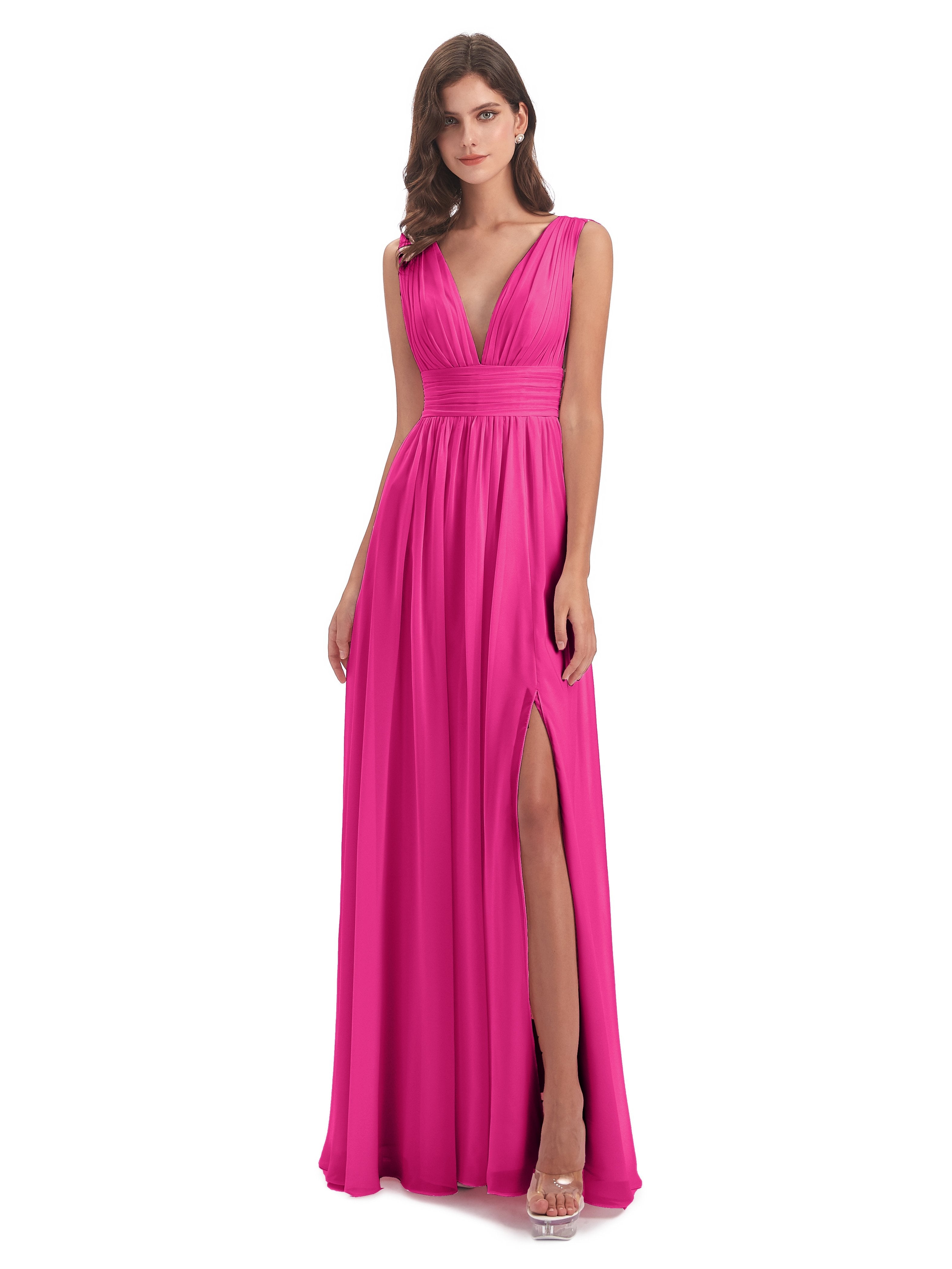 Fuchsia Pink Bridesmaid Dresses Charming Chiffon V Neck Split Long Bridesmaid Dresses