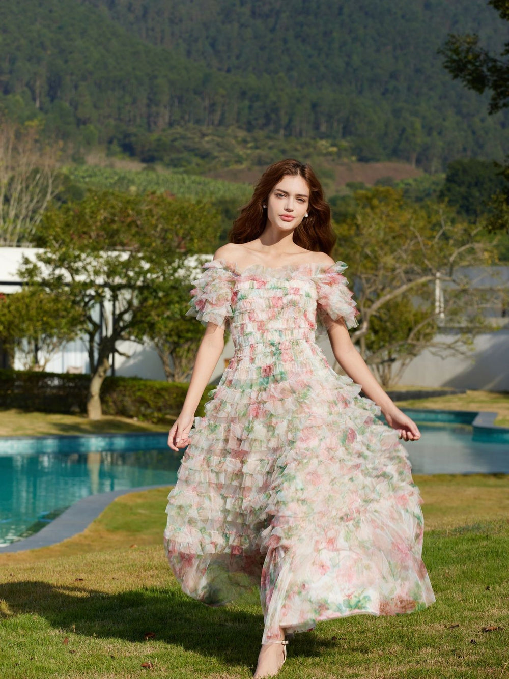 Off The Shoulder Purple Flower Printed A Line Wedding Guest Dress main image 1