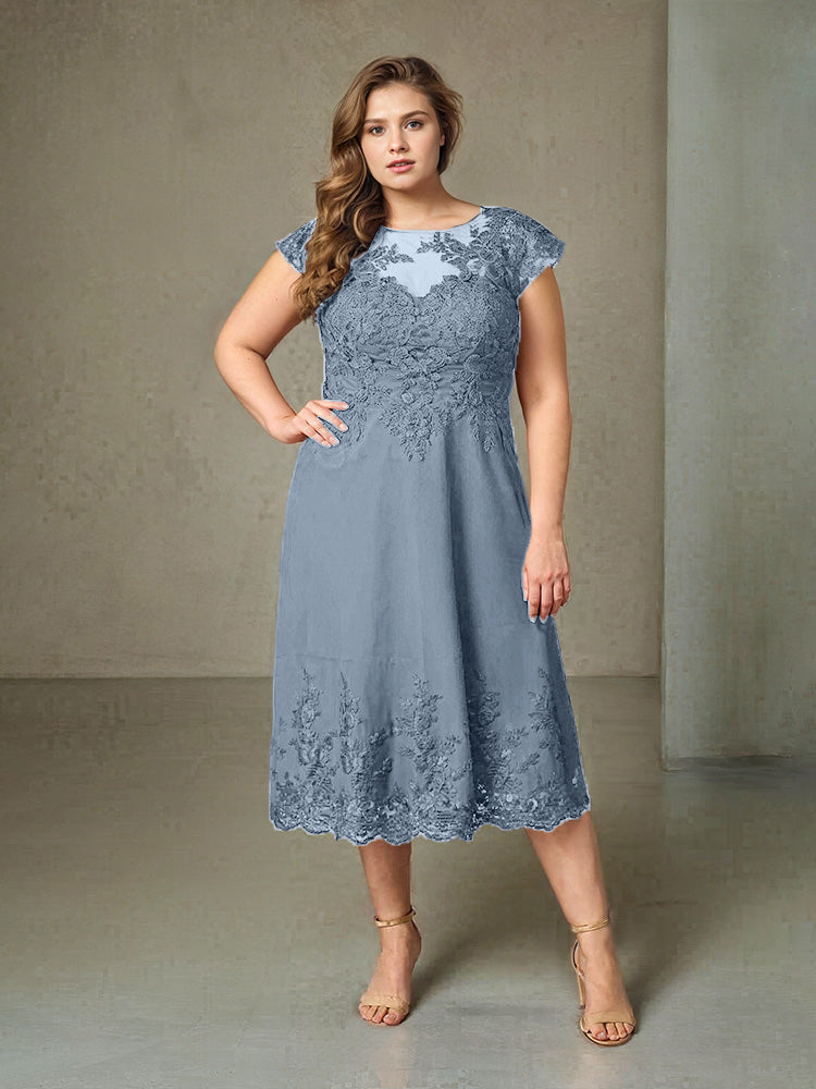 Plus Size Tea Length Lace Appliques Chiffon Mother Of The Bride Dress