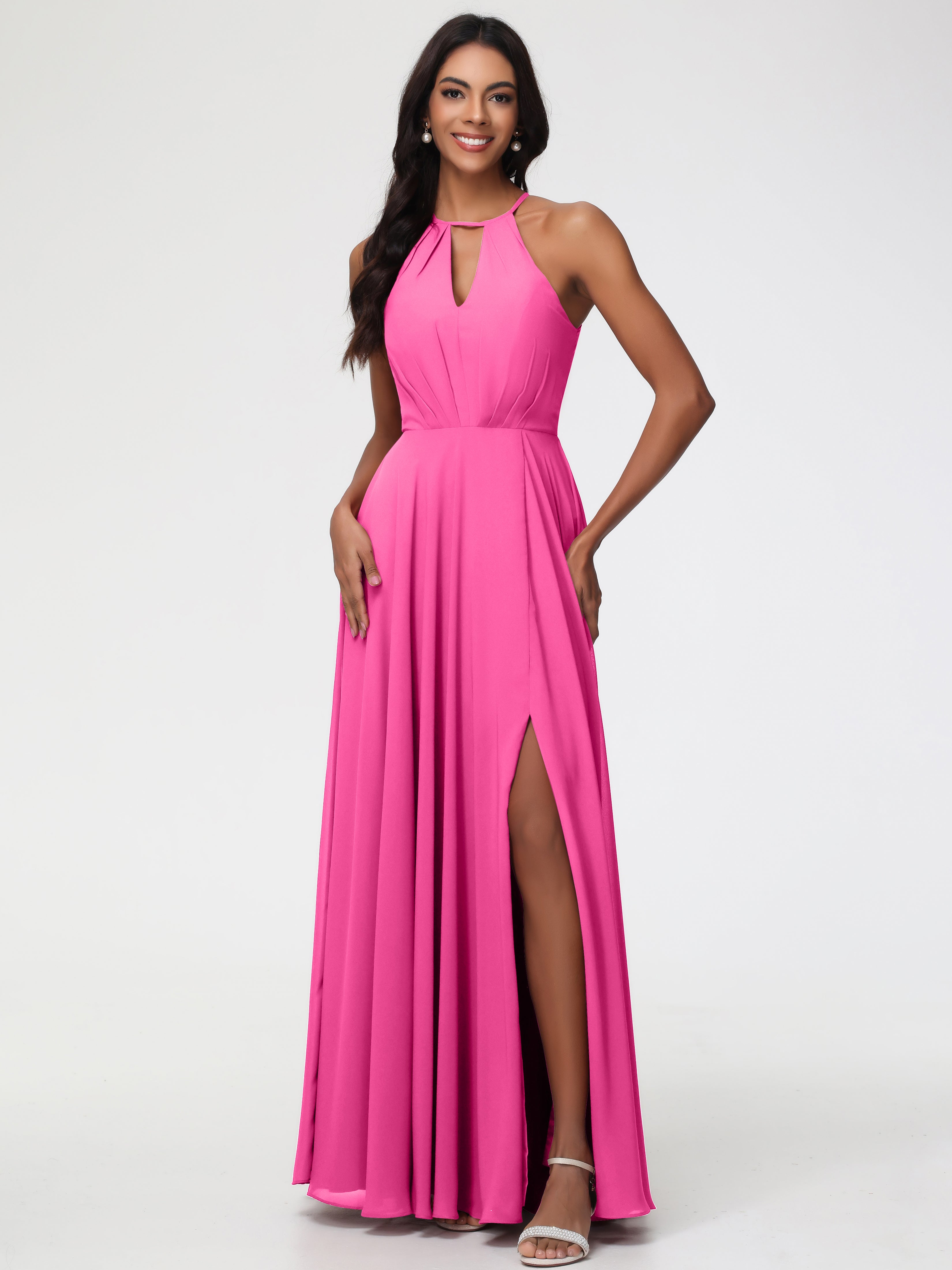 Halter A-Line Sleeveless Floor-Length Split Chiffon Bridesmaid Dresses