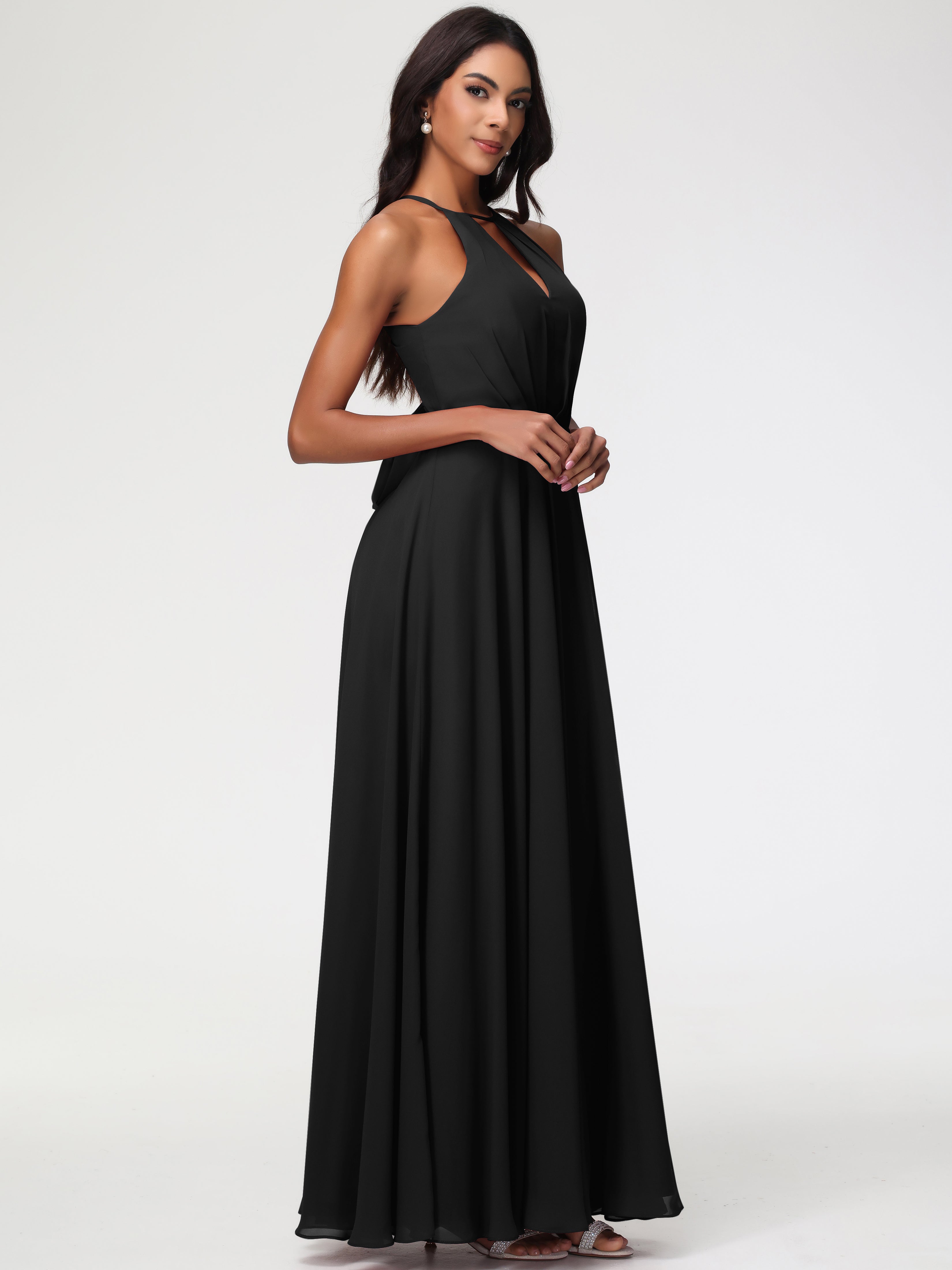 Halter A-Line Sleeveless Floor-Length Split Chiffon Bridesmaid Dresses