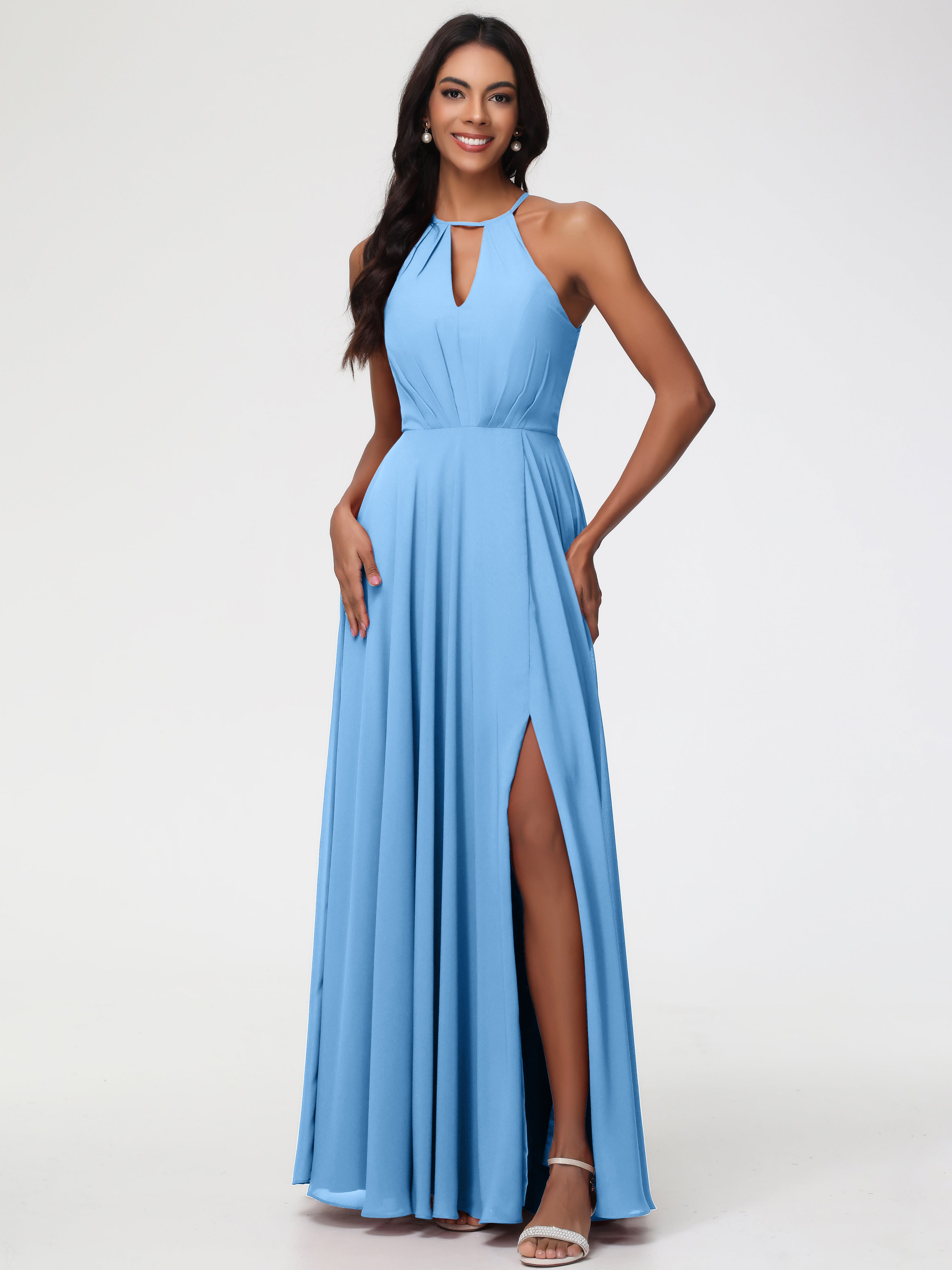 Halter A-Line Sleeveless Floor-Length Split Chiffon Bridesmaid Dresses