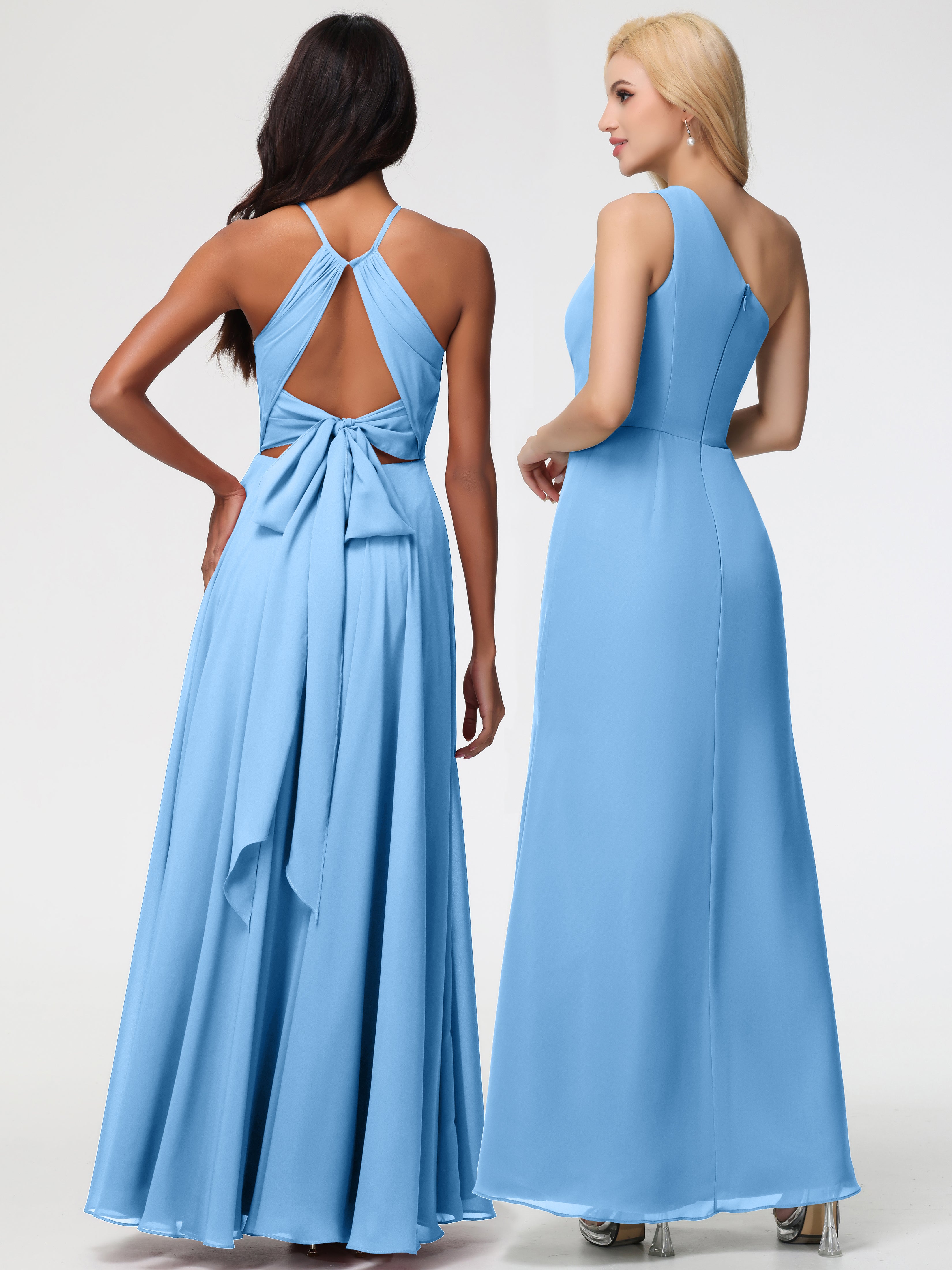 Halter A-Line Sleeveless Floor-Length Split Chiffon Bridesmaid Dresses