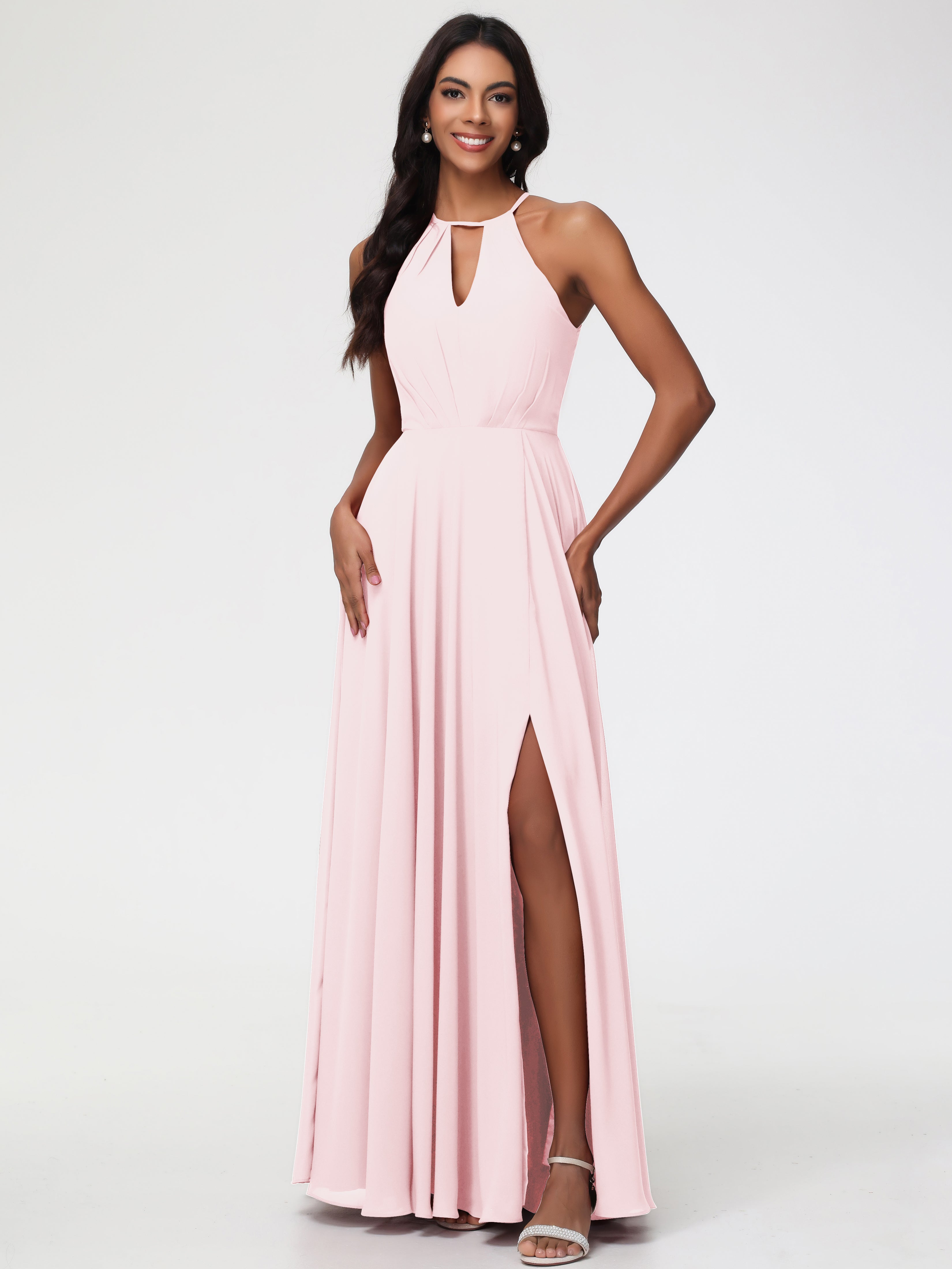 Halter A-Line Sleeveless Floor-Length Split Chiffon Bridesmaid Dresses