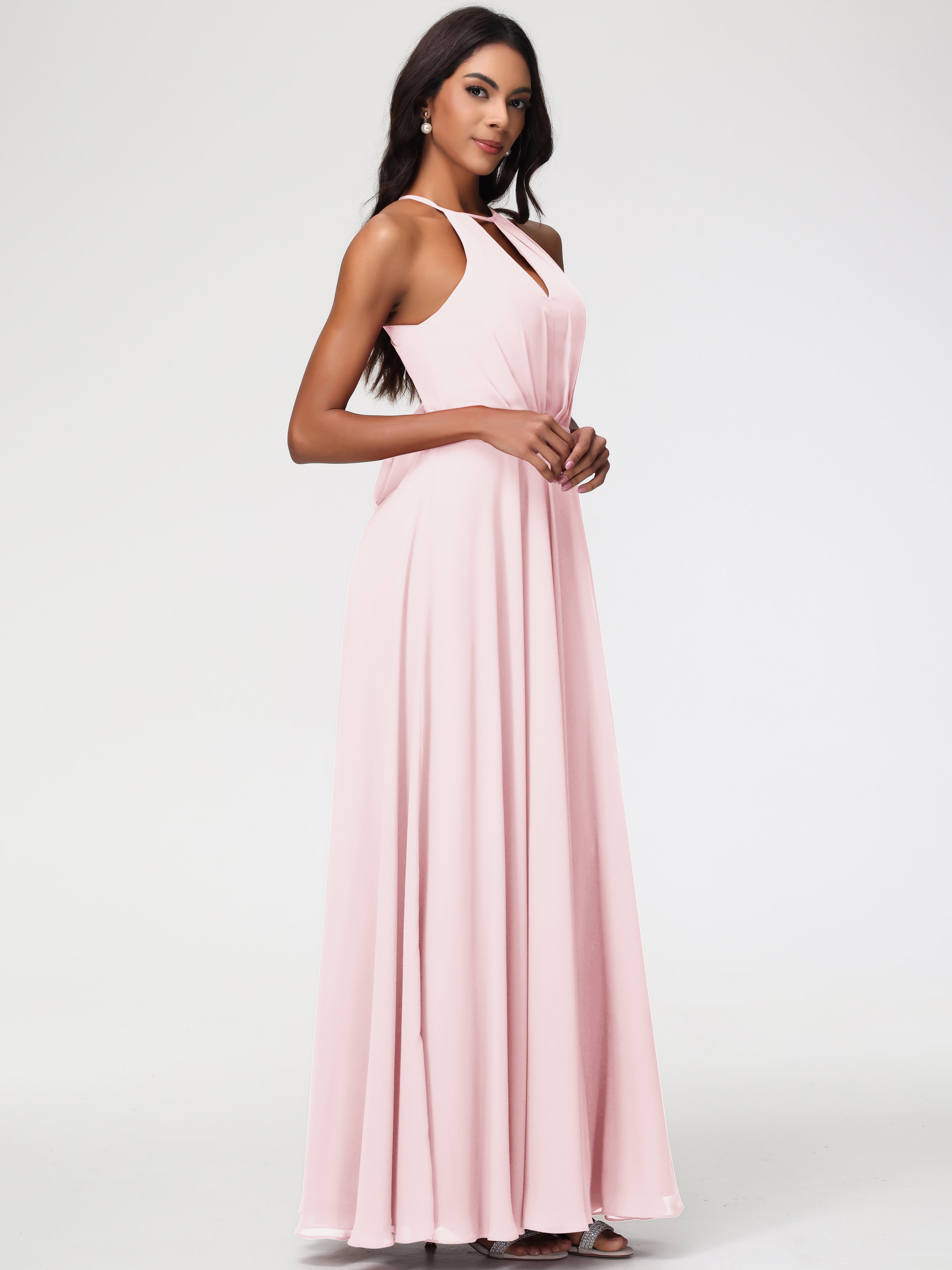 Halter A-Line Sleeveless Floor-Length Split Chiffon Bridesmaid Dresses