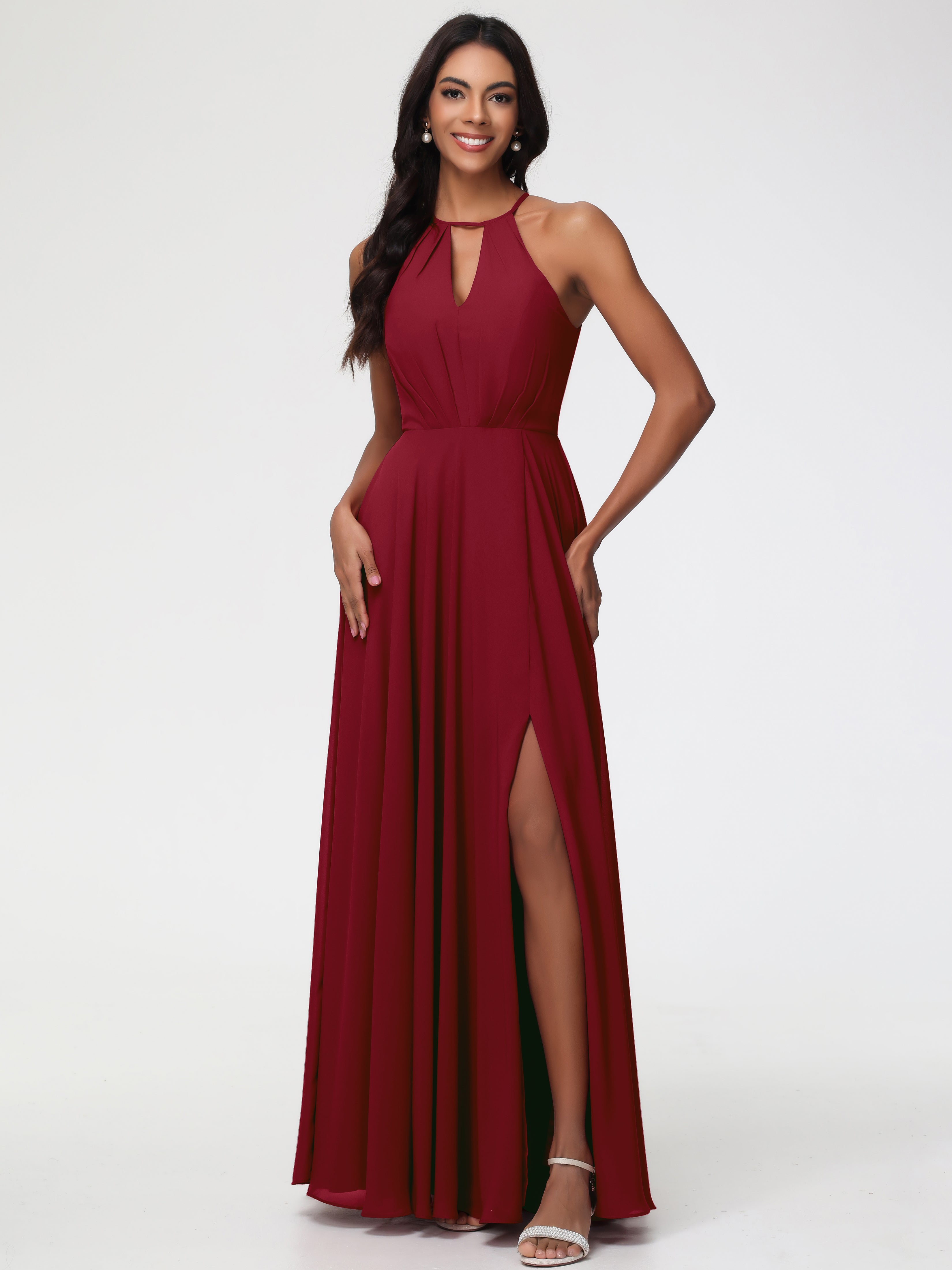 Halter A-Line Sleeveless Floor-Length Split Chiffon Bridesmaid Dresses