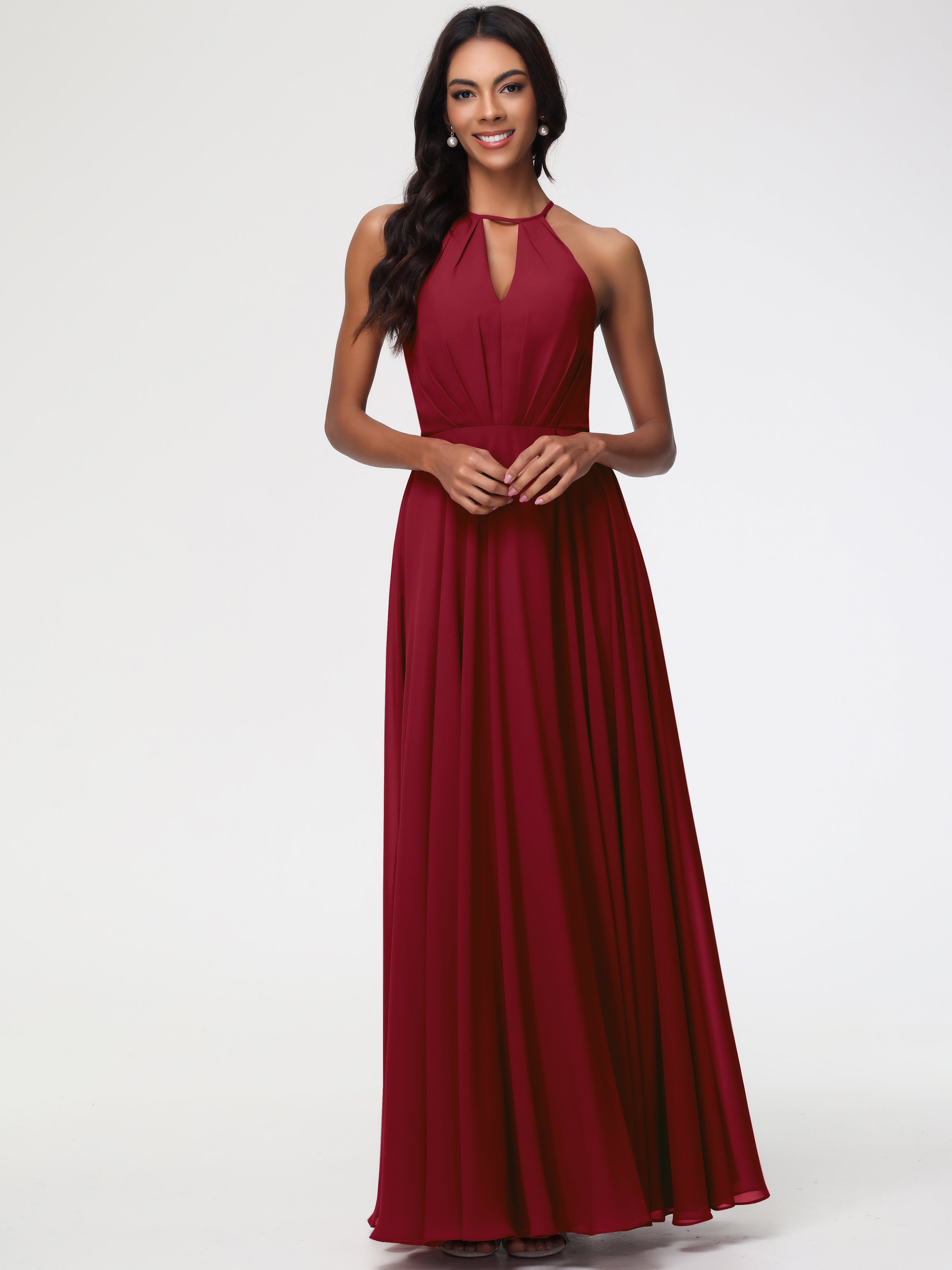 Halter A-Line Sleeveless Floor-Length Split Chiffon Bridesmaid Dresses