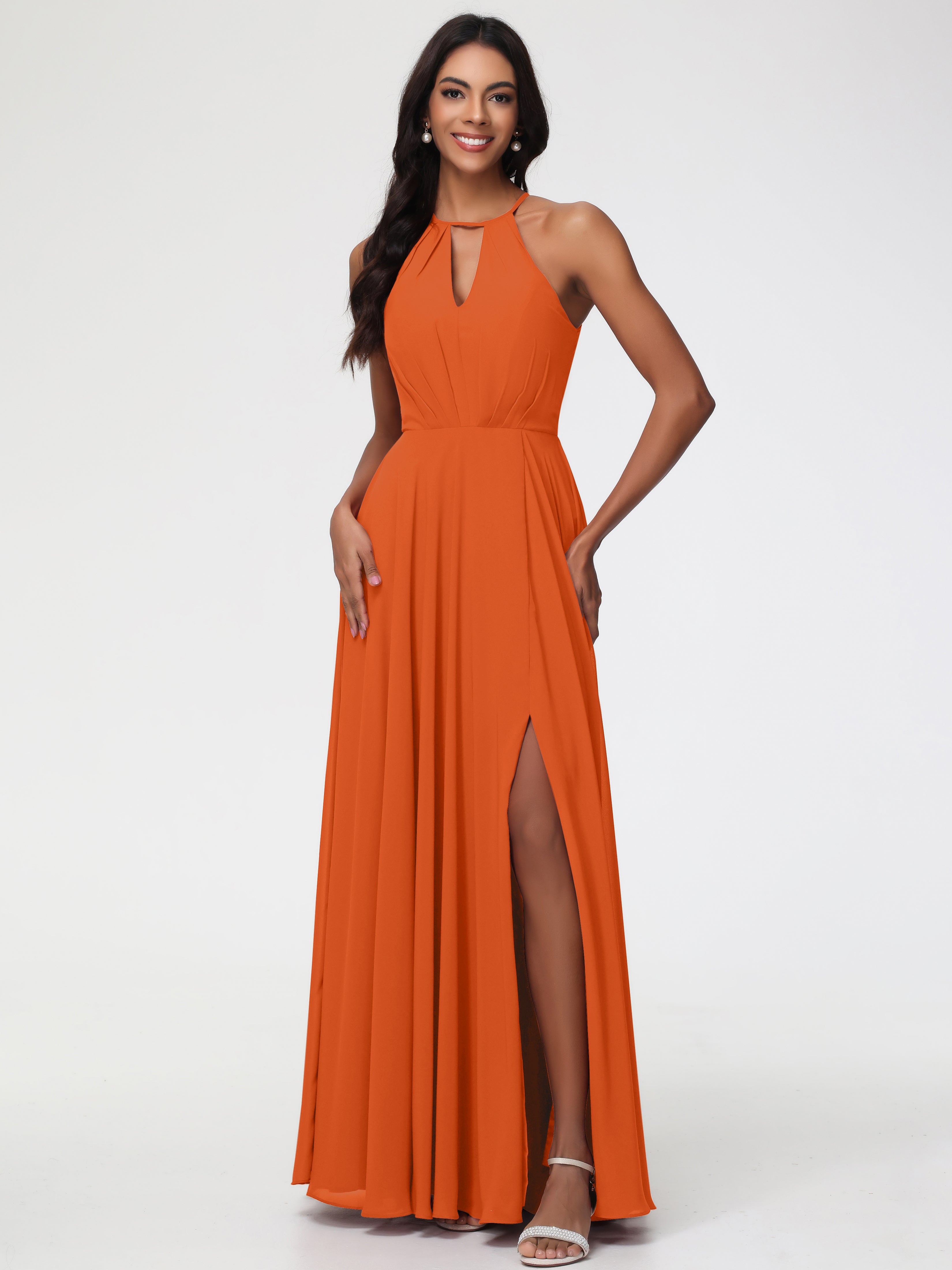 Halter A-Line Sleeveless Floor-Length Split Chiffon Bridesmaid Dresses