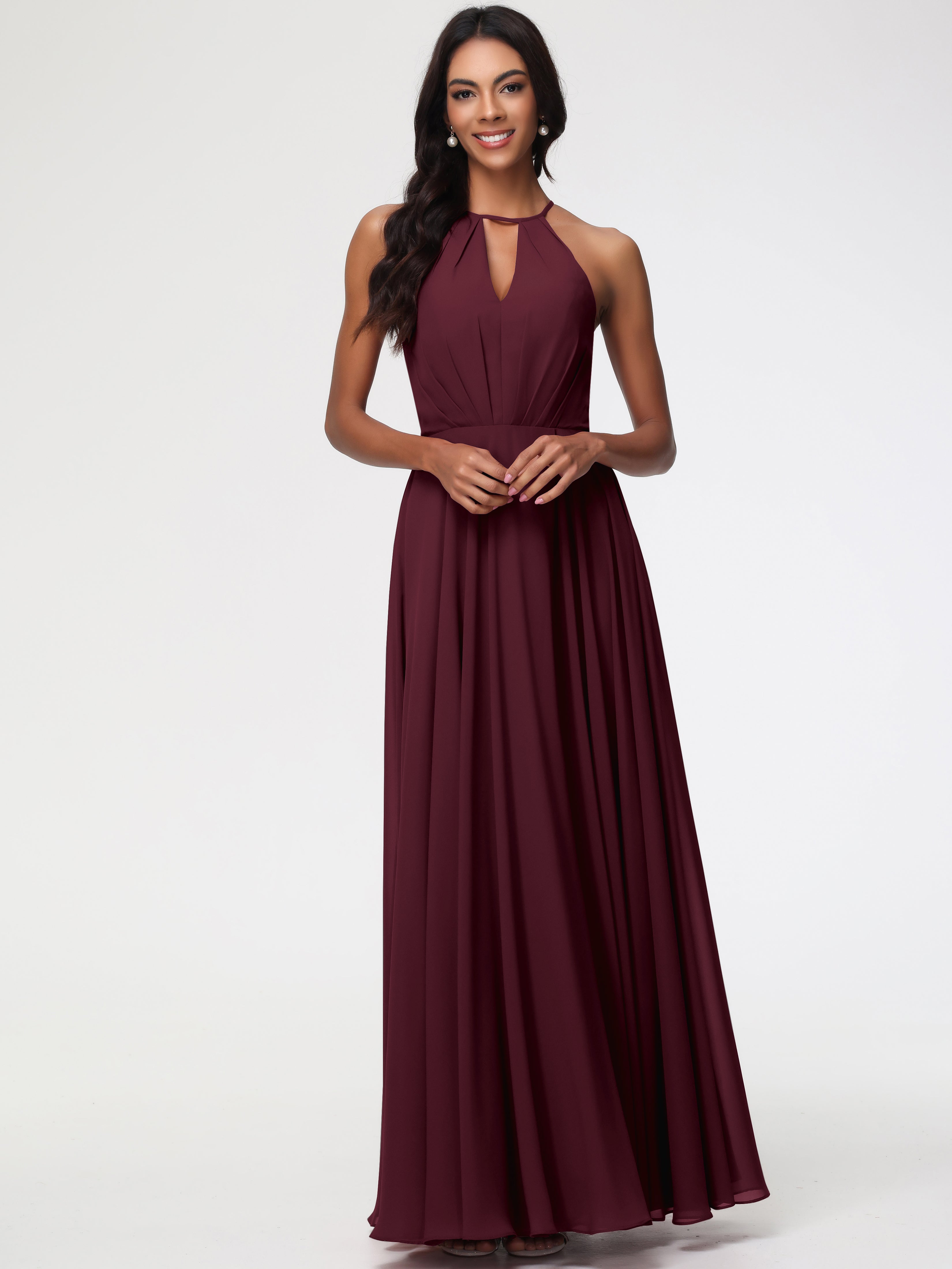 Halter A-Line Sleeveless Floor-Length Split Chiffon Bridesmaid Dresses