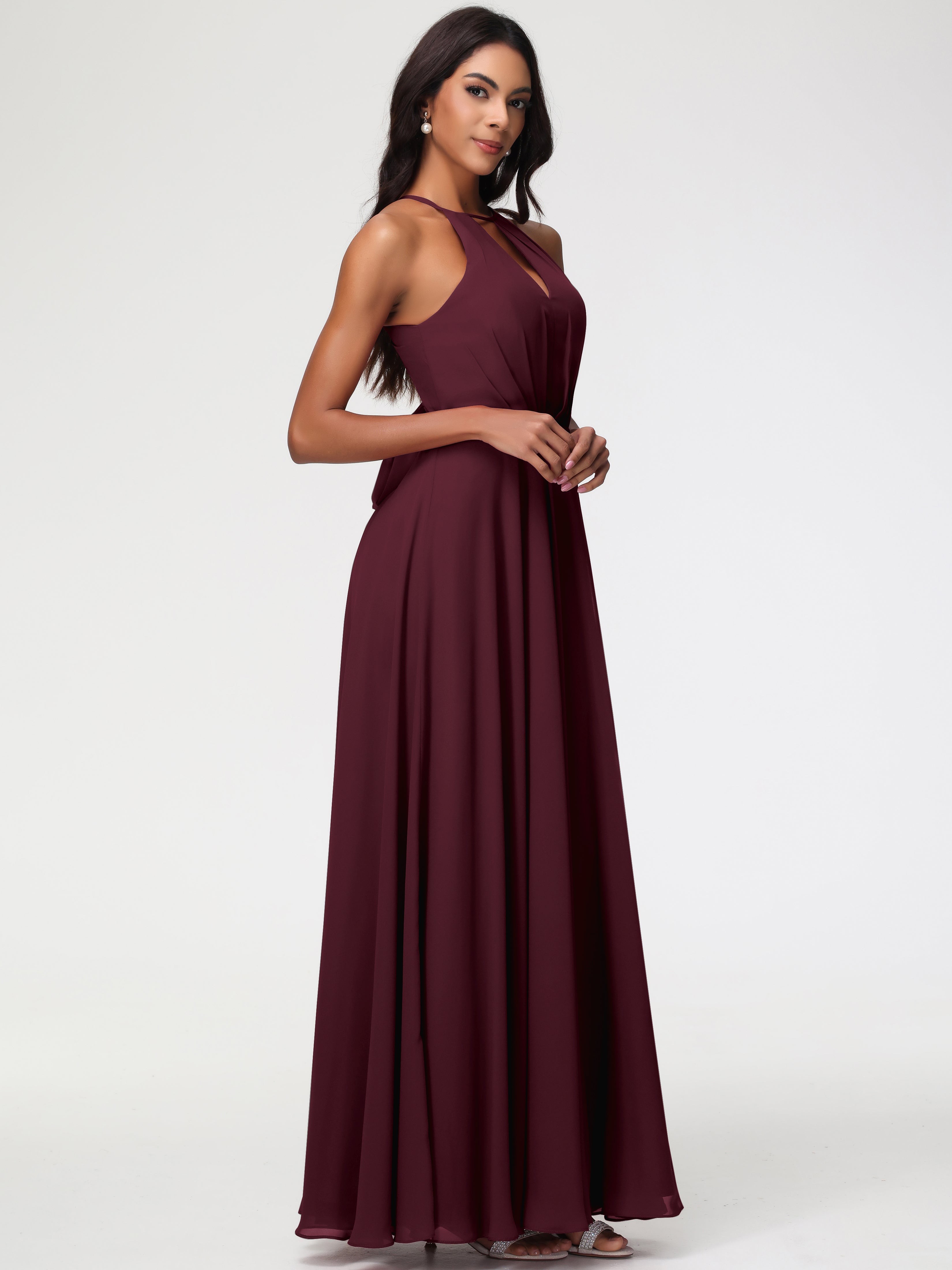 Halter A-Line Sleeveless Floor-Length Split Chiffon Bridesmaid Dresses