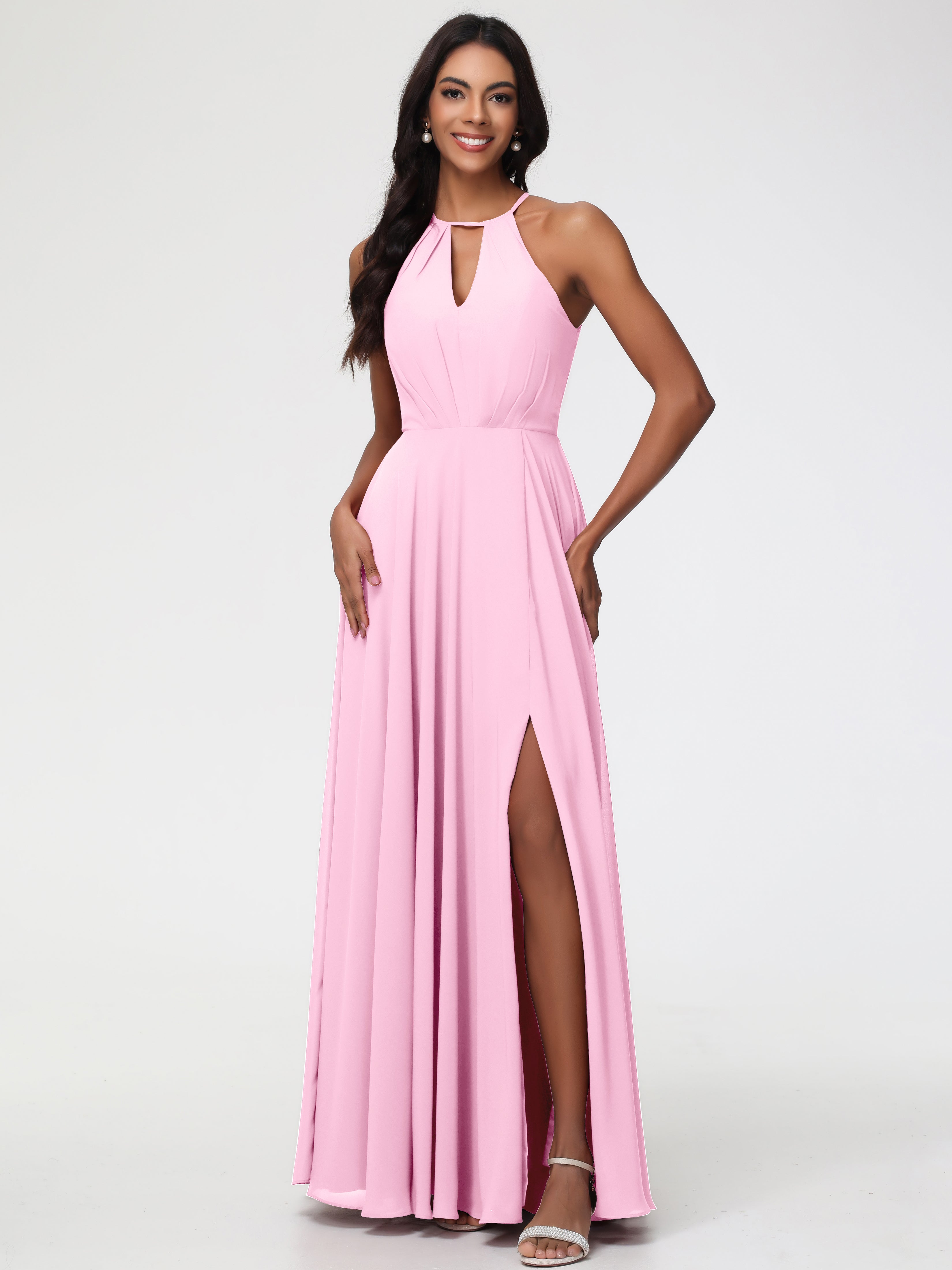 Halter A-Line Sleeveless Floor-Length Split Chiffon Bridesmaid Dresses