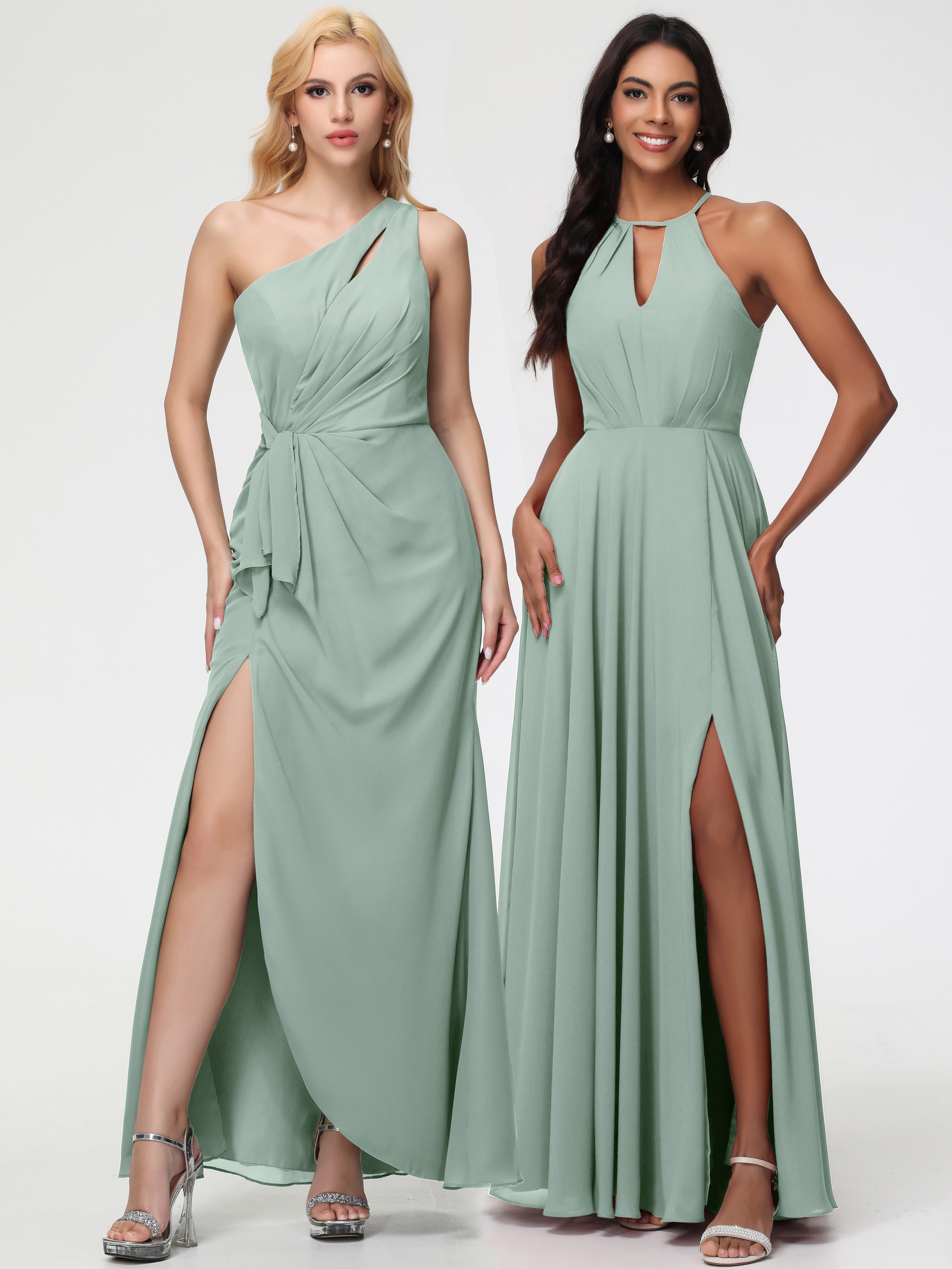 Halter A-Line Sleeveless Floor-Length Split Chiffon Bridesmaid Dresses