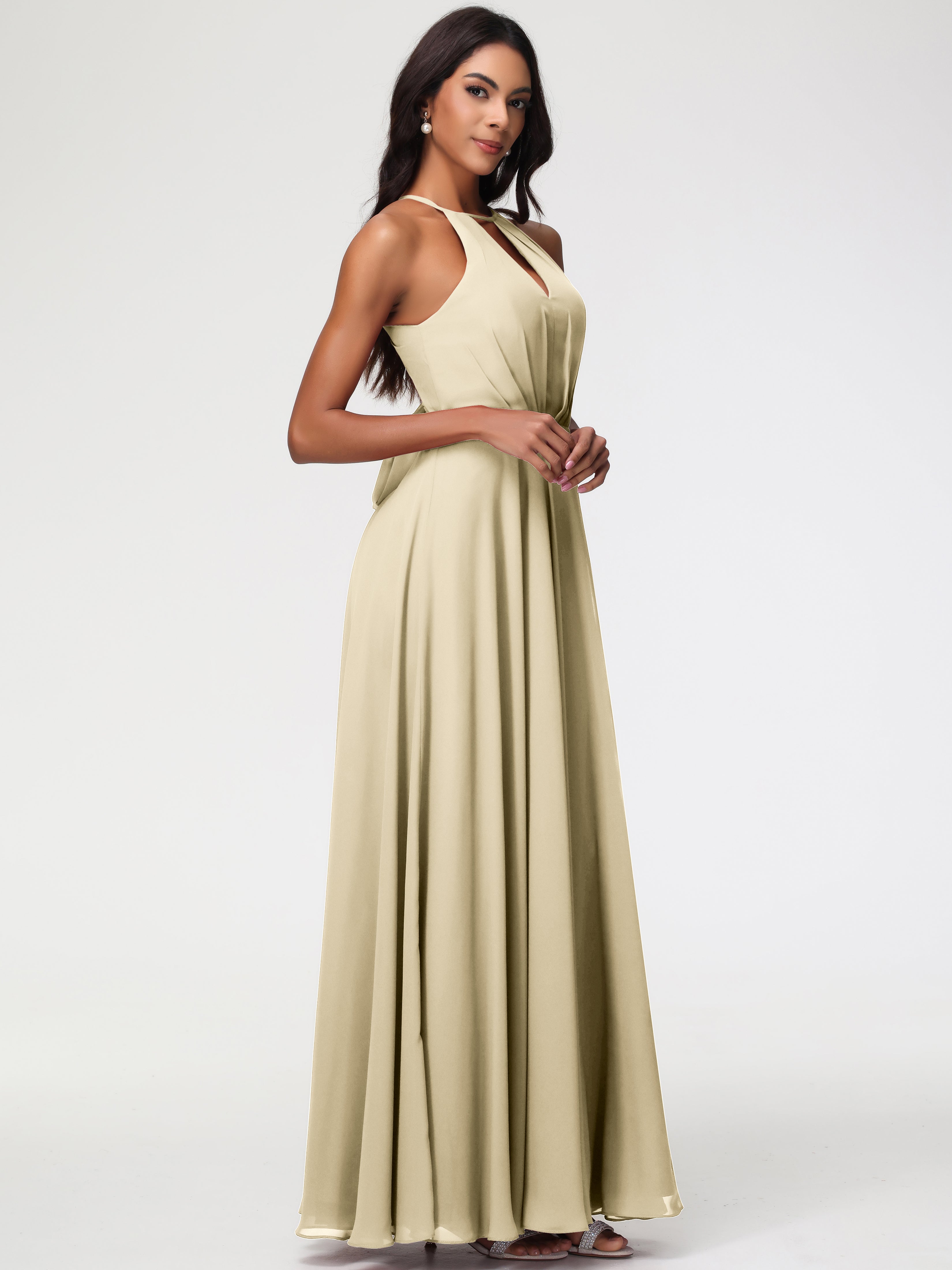 Halter A-Line Sleeveless Floor-Length Split Chiffon Bridesmaid Dresses