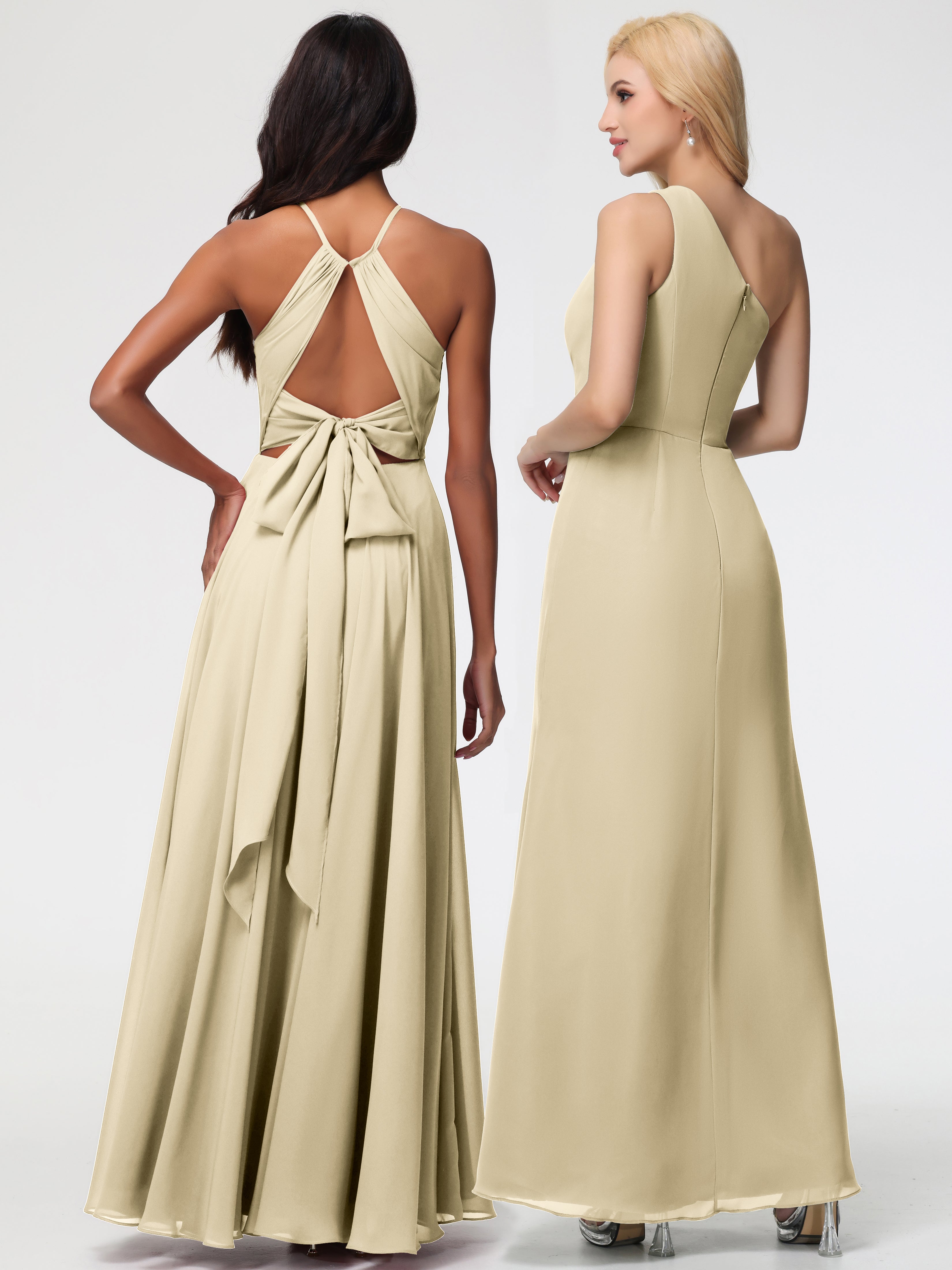 Halter A-Line Sleeveless Floor-Length Split Chiffon Bridesmaid Dresses