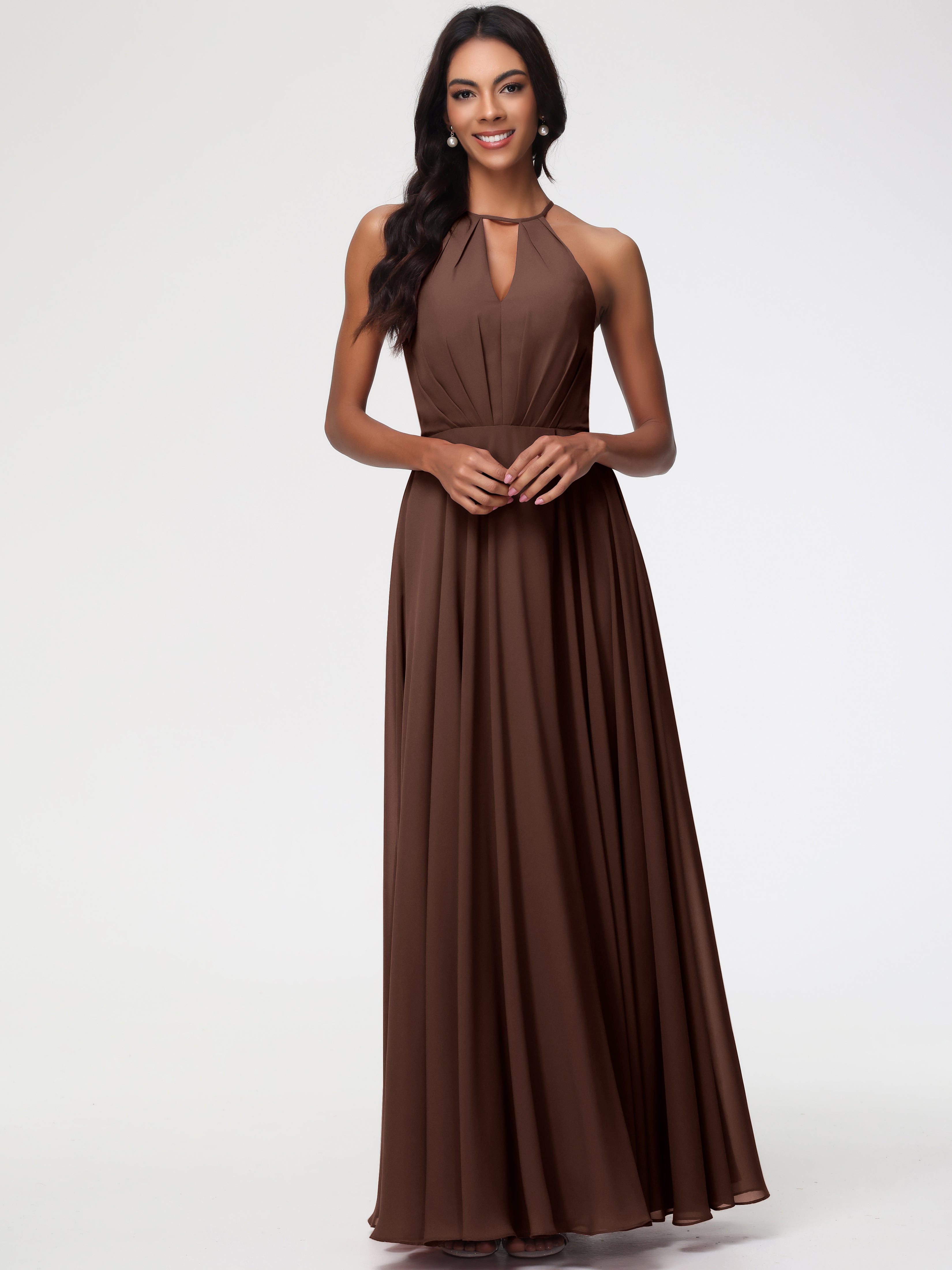 Halter A-Line Sleeveless Floor-Length Split Chiffon Bridesmaid Dresses