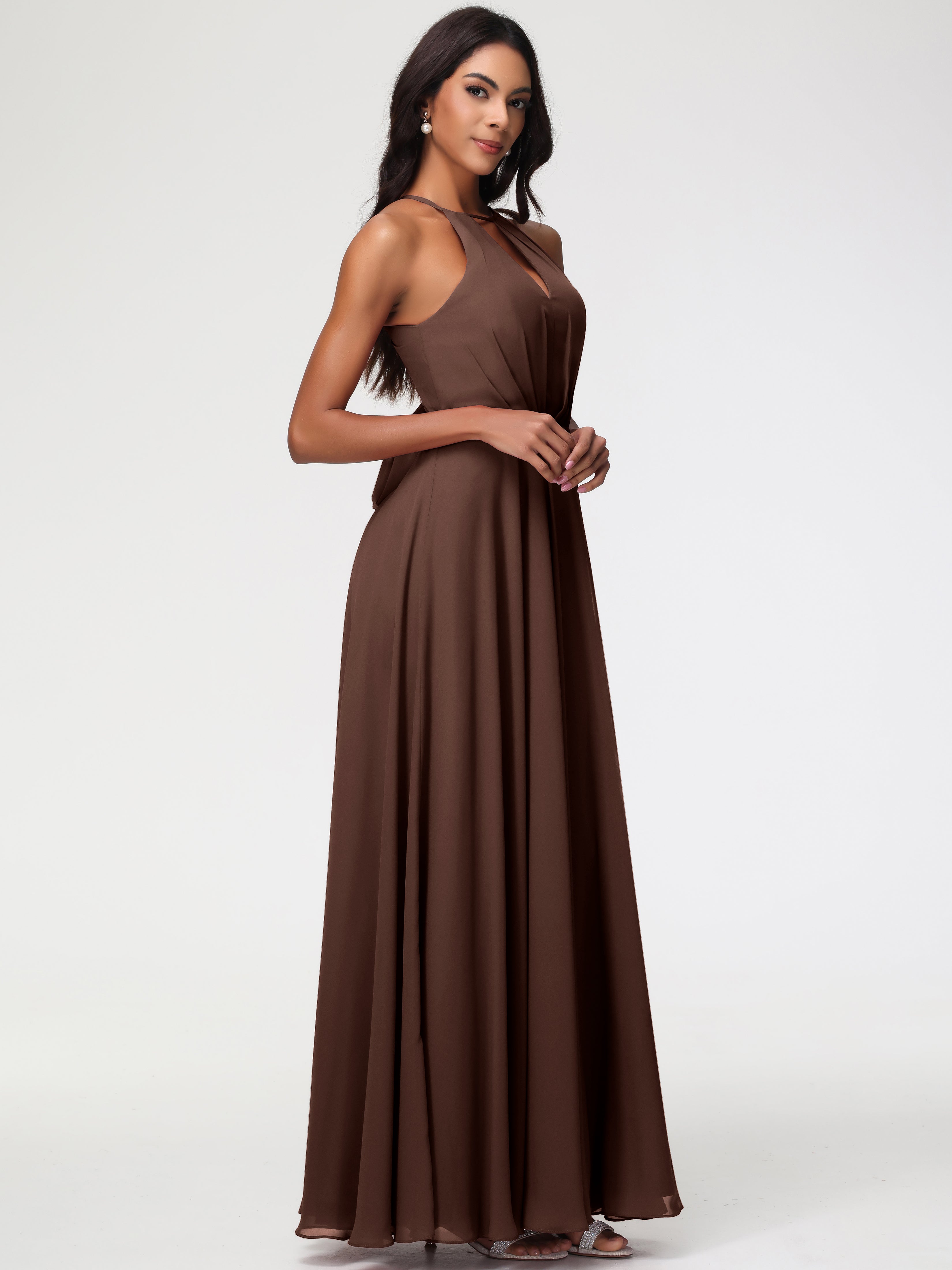 Halter A-Line Sleeveless Floor-Length Split Chiffon Bridesmaid Dresses