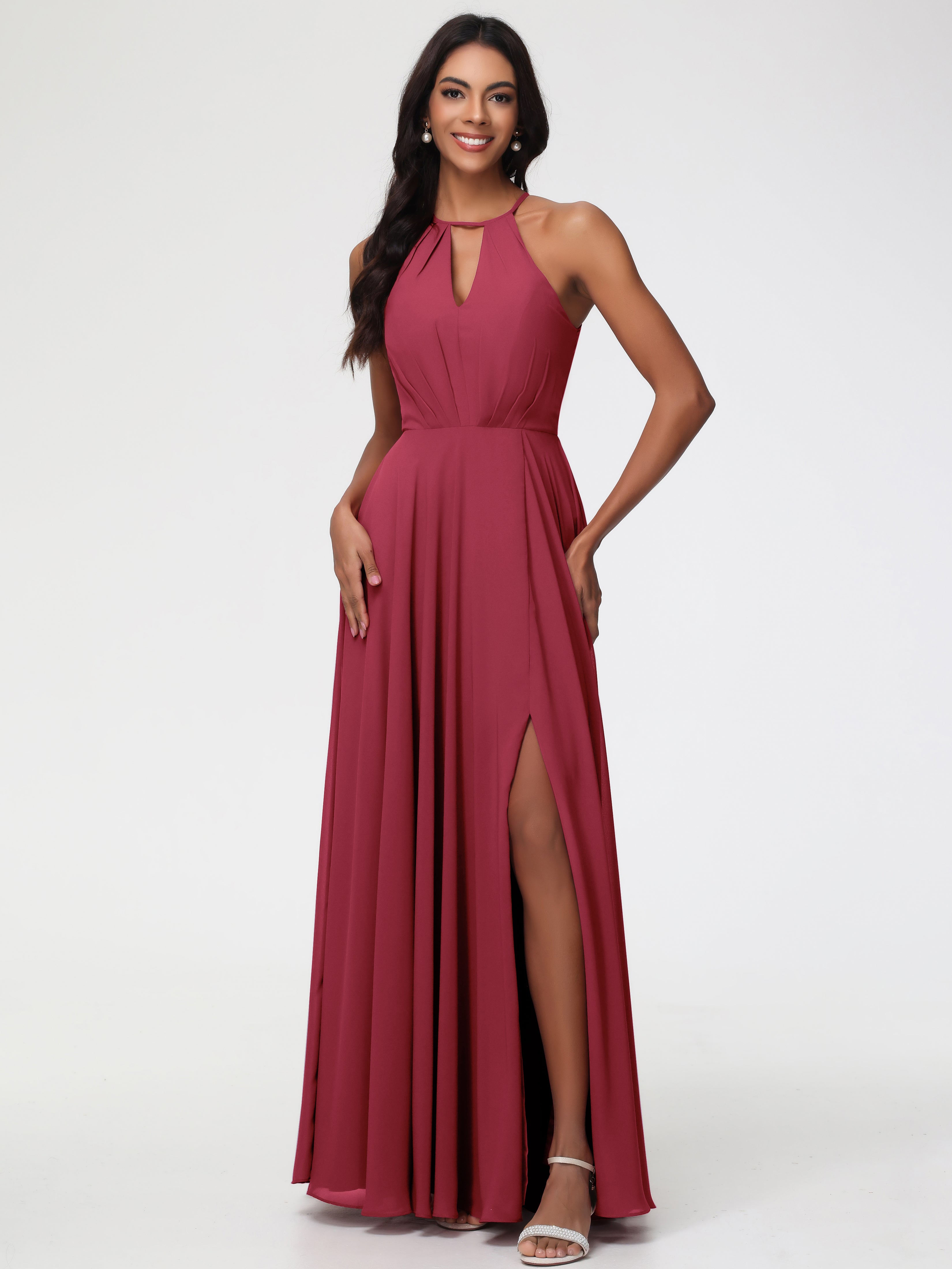 Halter A-Line Sleeveless Floor-Length Split Chiffon Bridesmaid Dresses