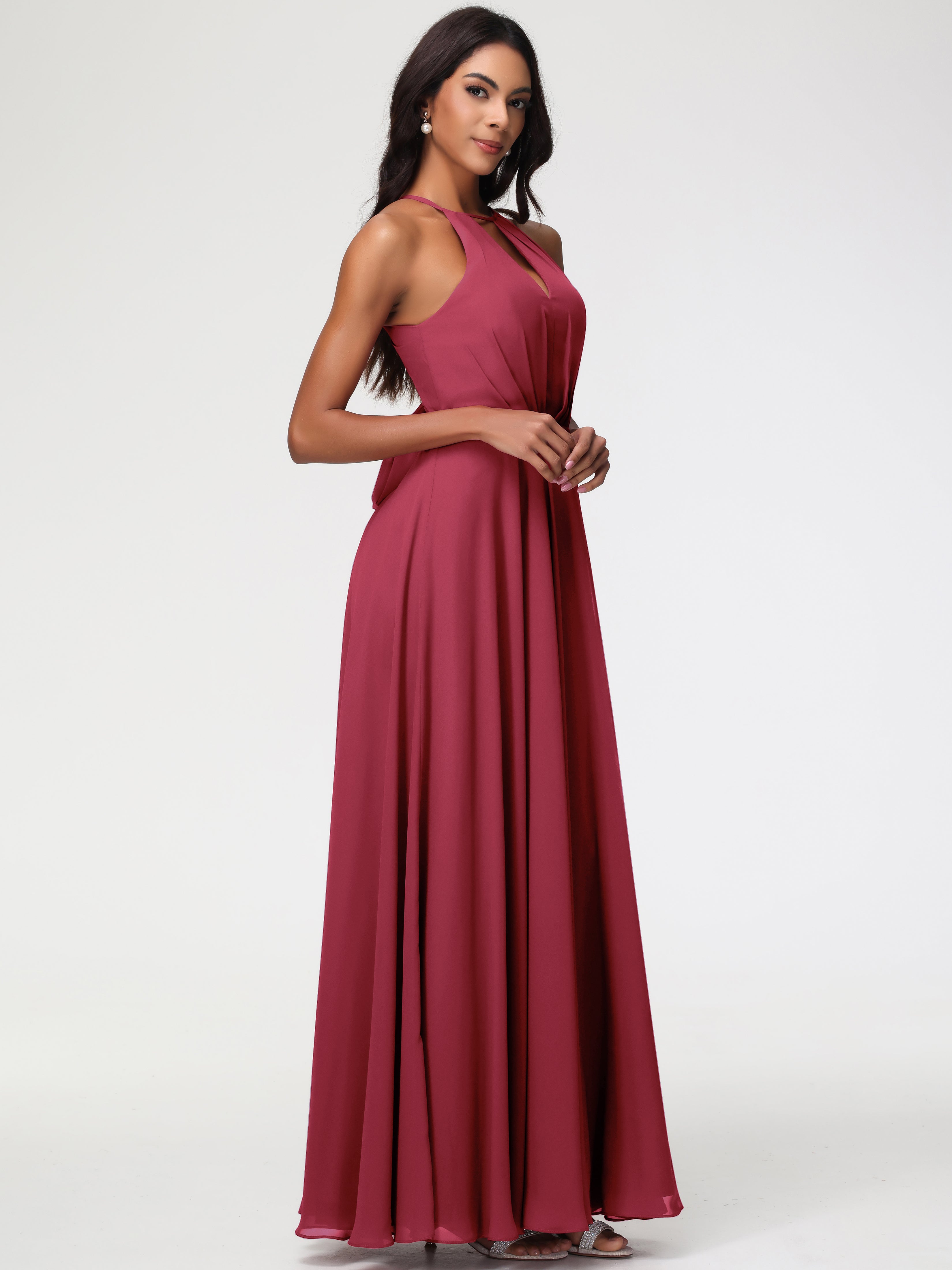 Halter A-Line Sleeveless Floor-Length Split Chiffon Bridesmaid Dresses