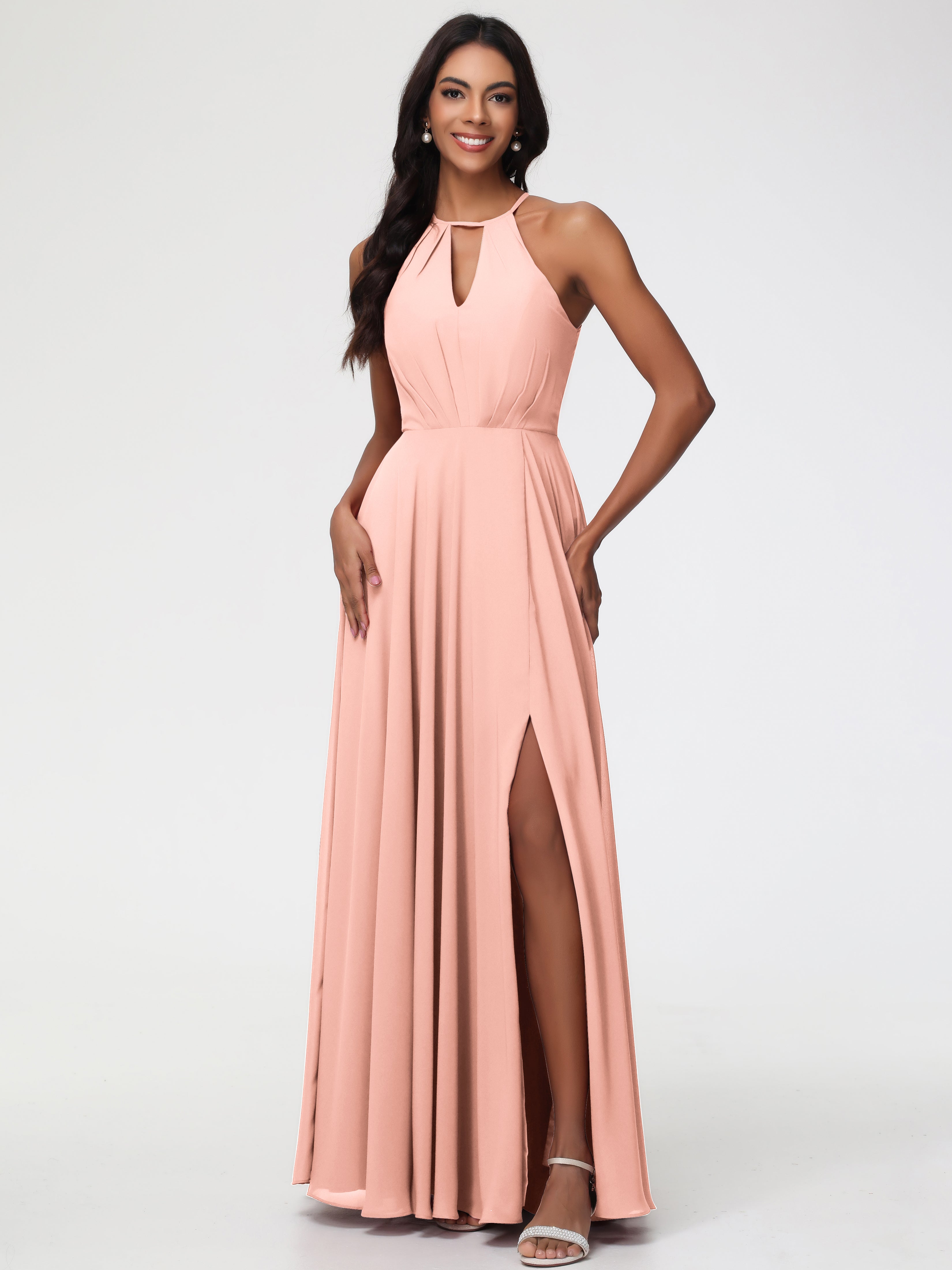 Halter A-Line Sleeveless Floor-Length Split Chiffon Bridesmaid Dresses