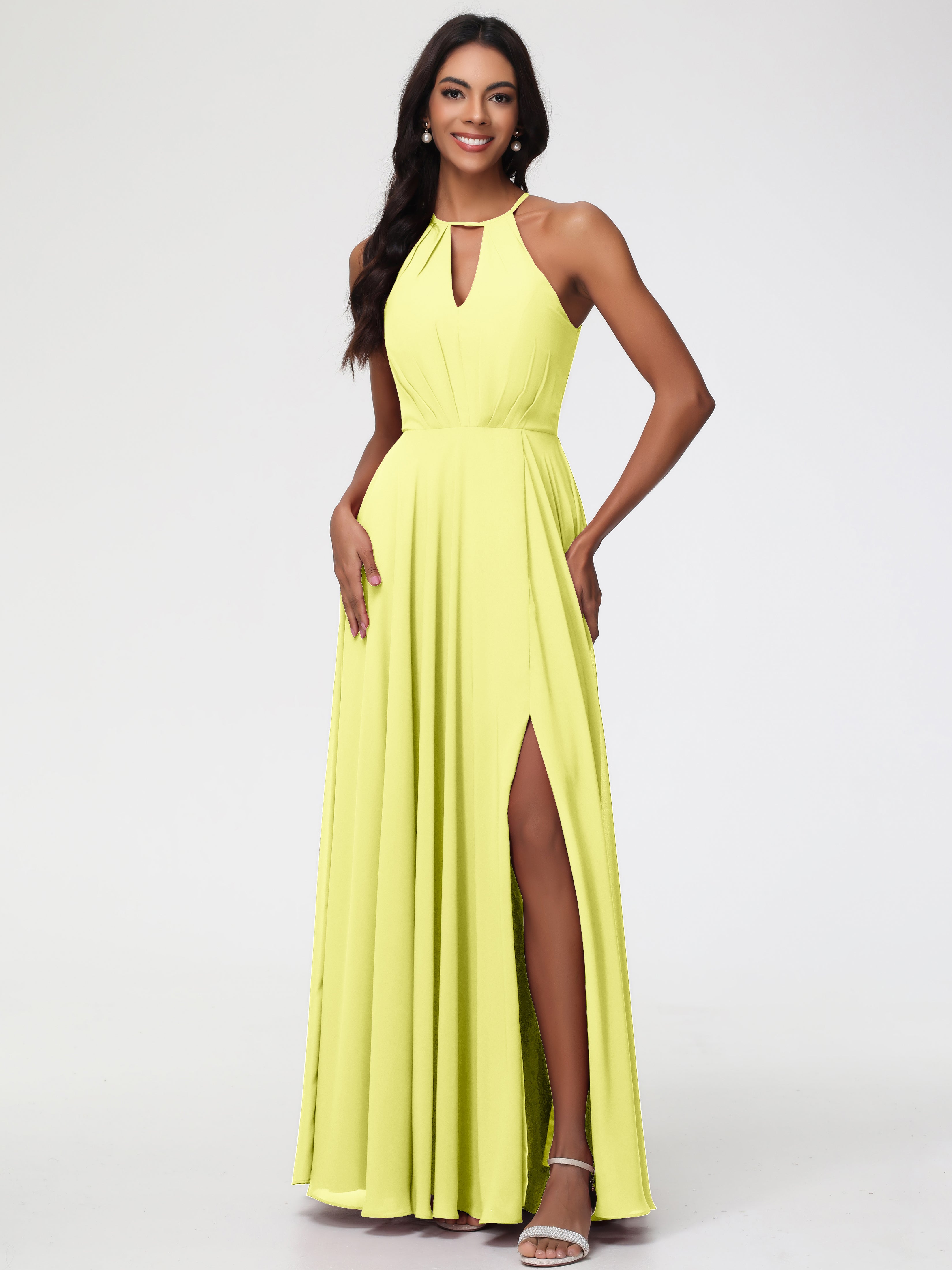 Halter A-Line Sleeveless Floor-Length Split Chiffon Bridesmaid Dresses