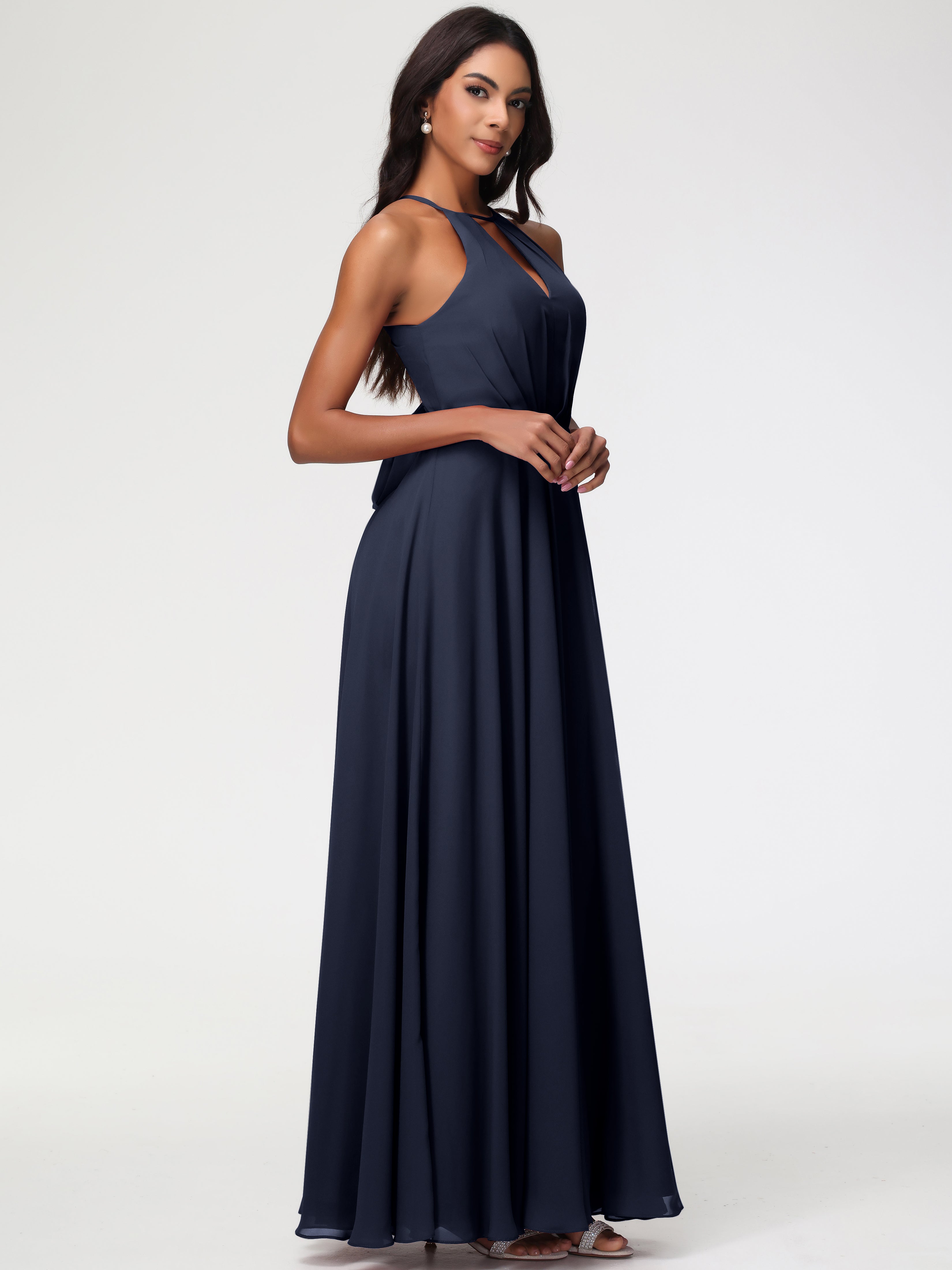Halter A-Line Sleeveless Floor-Length Split Chiffon Bridesmaid Dresses
