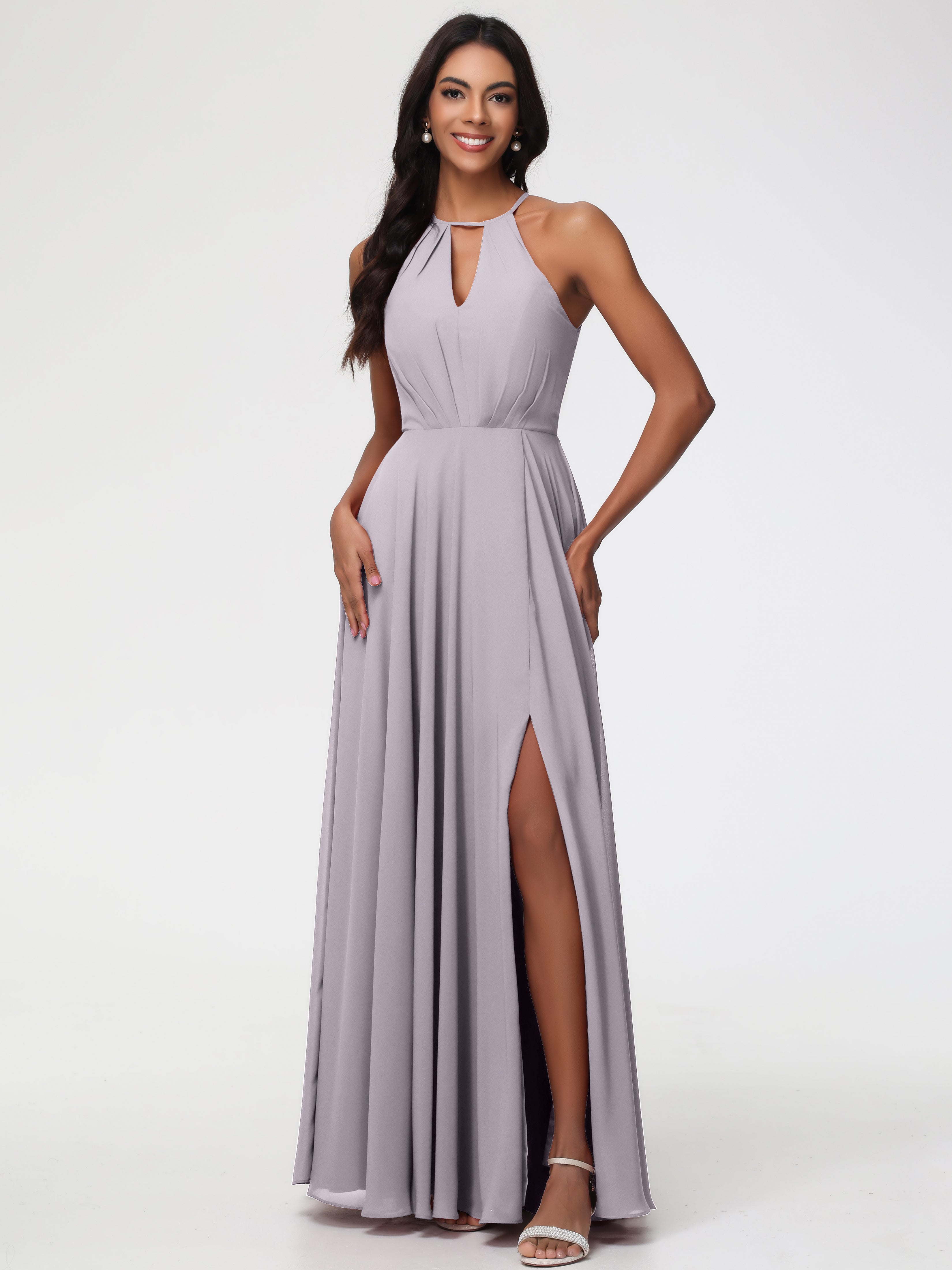 Halter A-Line Sleeveless Floor-Length Split Chiffon Bridesmaid Dresses