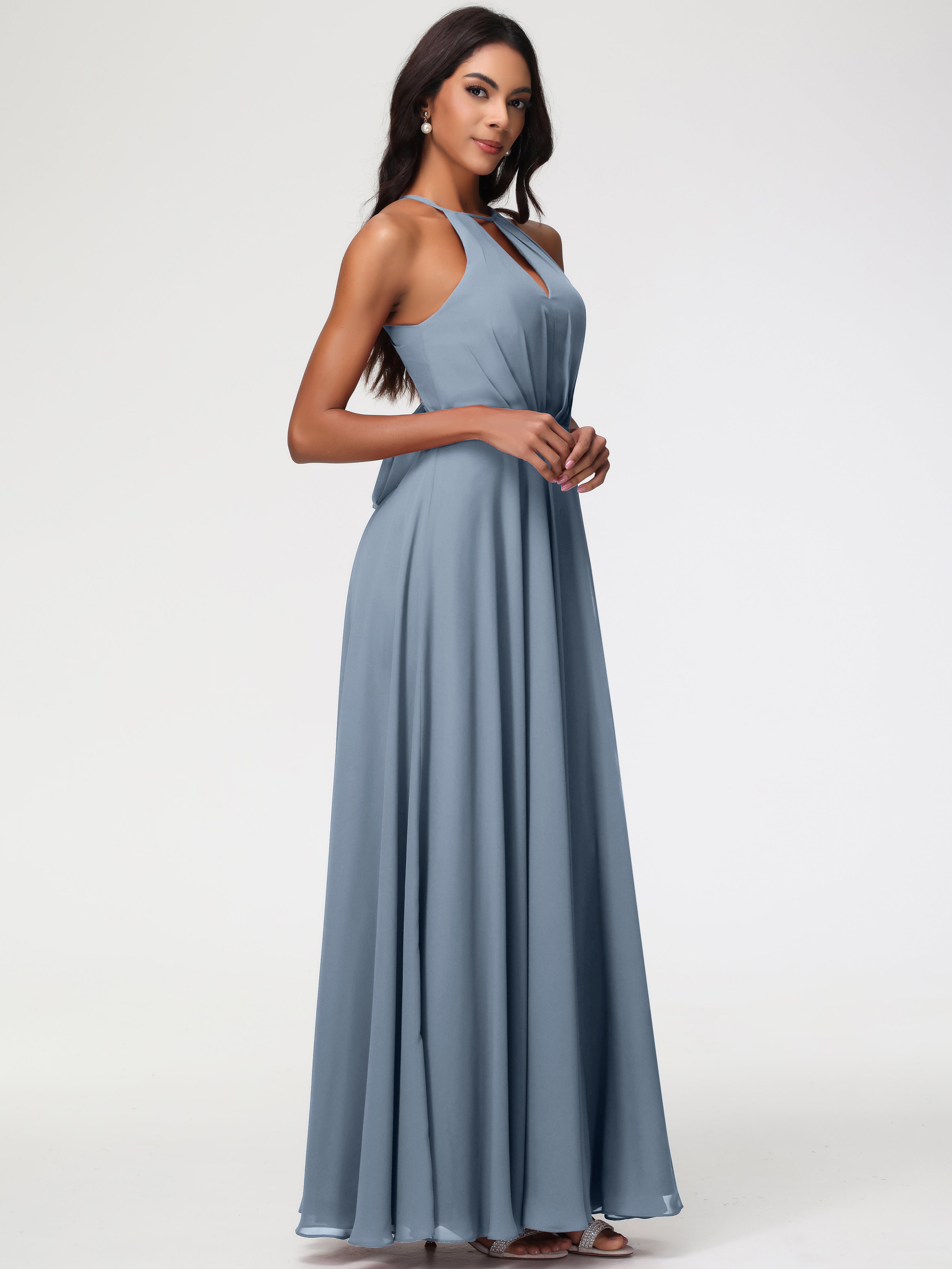 Halter A-Line Sleeveless Floor-Length Split Chiffon Bridesmaid Dresses