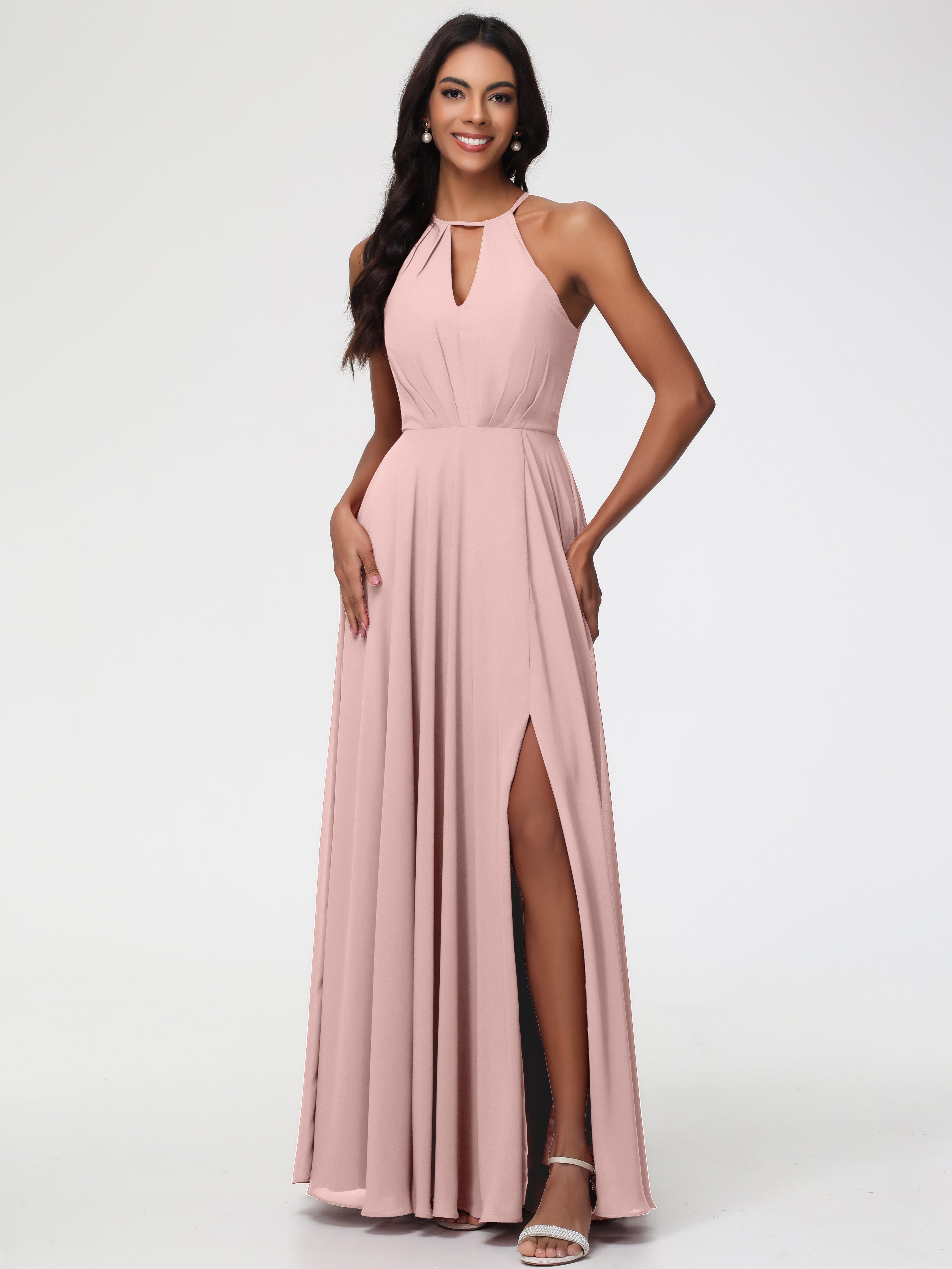 Halter A-Line Sleeveless Floor-Length Split Chiffon Bridesmaid Dresses