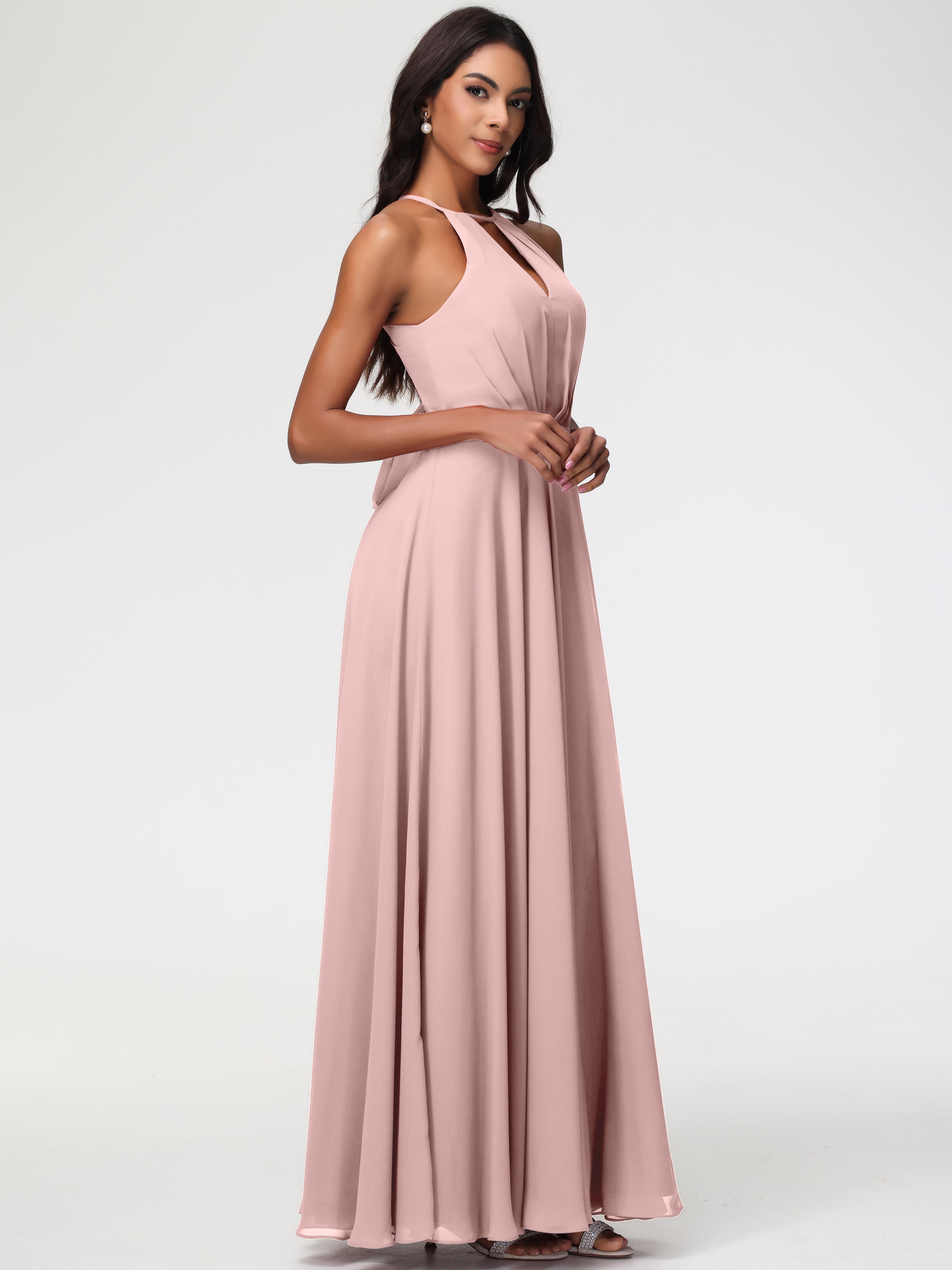 Halter A-Line Sleeveless Floor-Length Split Chiffon Bridesmaid Dresses