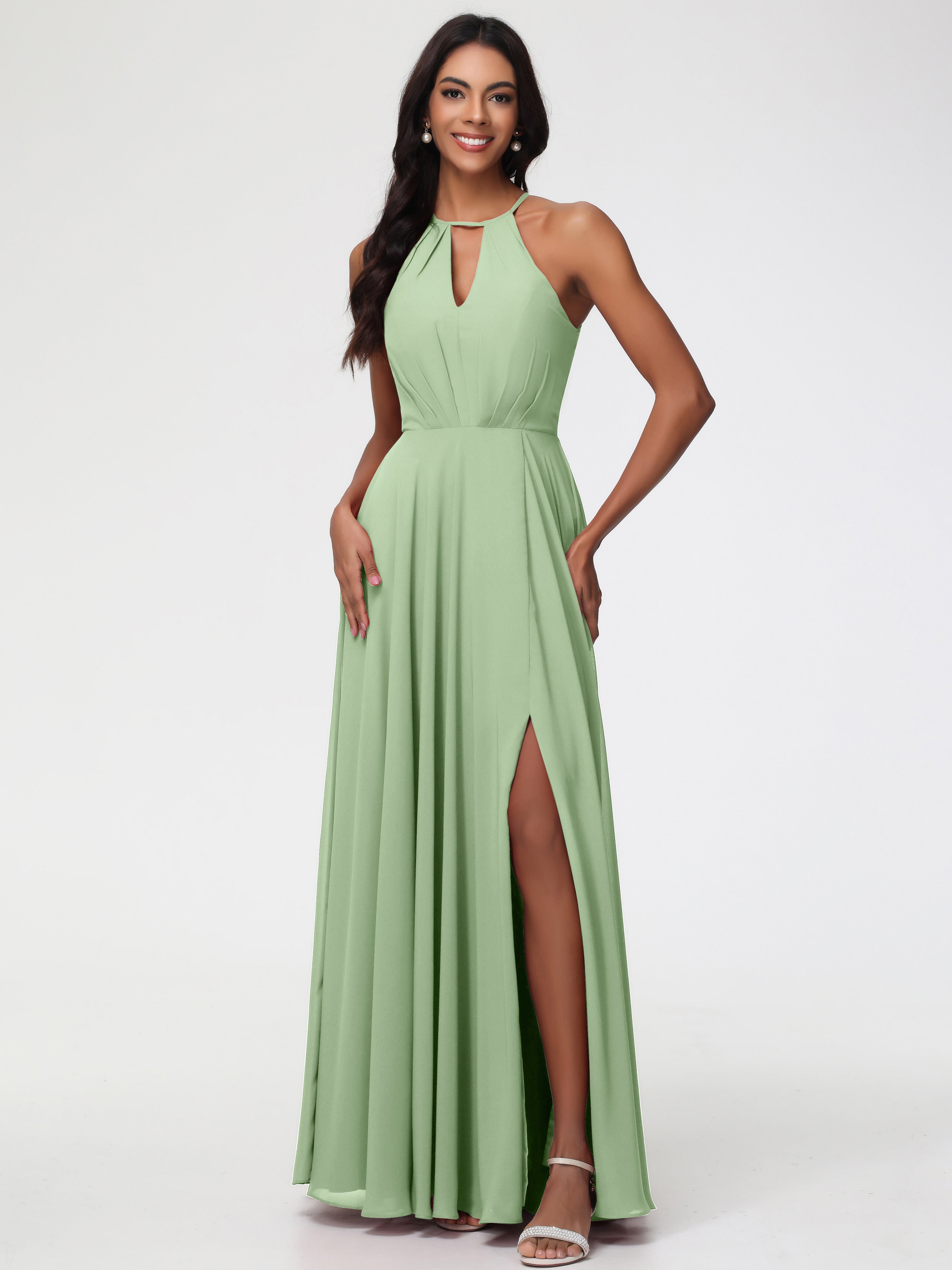 Halter A-Line Sleeveless Floor-Length Split Chiffon Bridesmaid Dresses