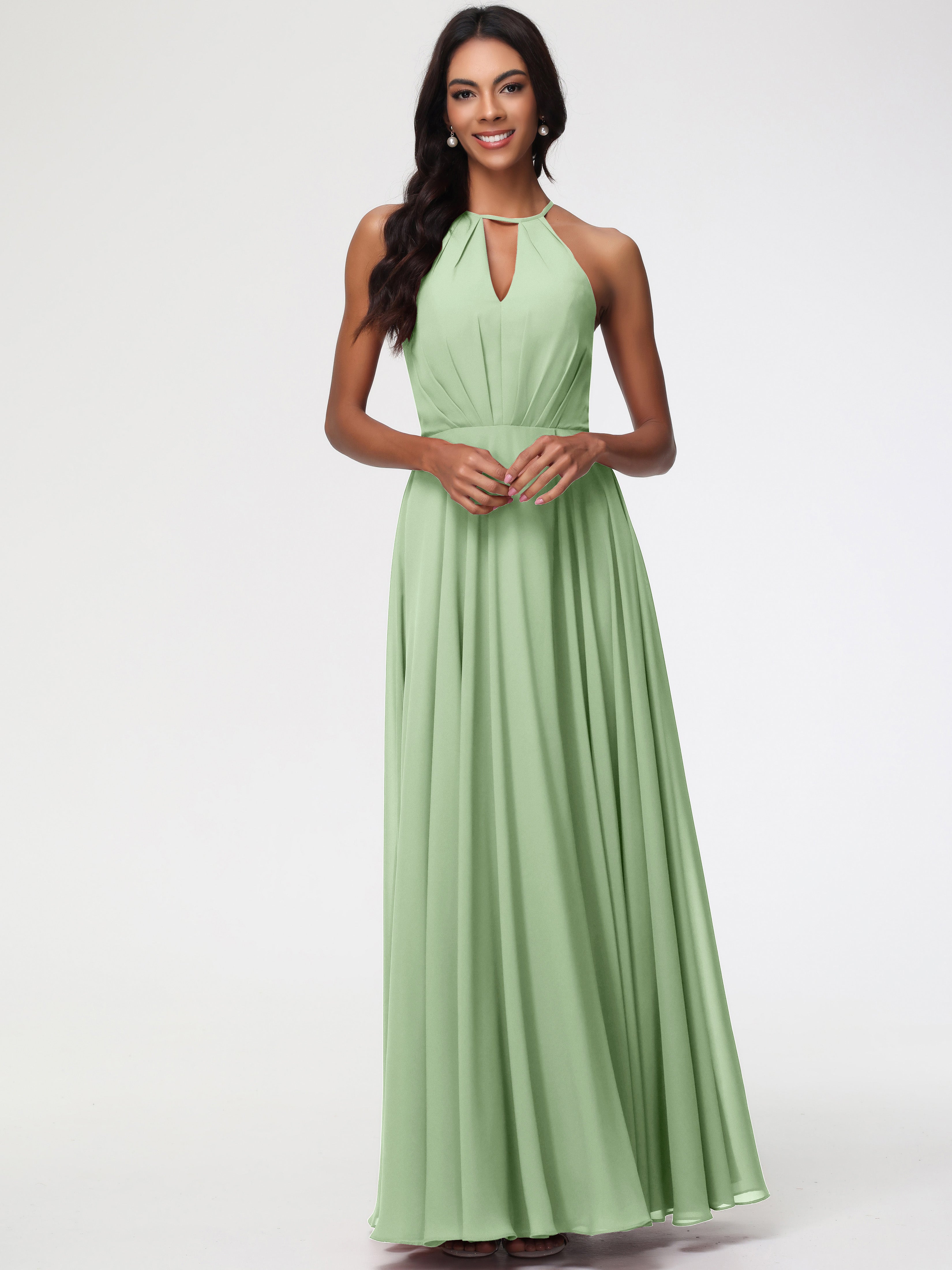 Halter A-Line Sleeveless Floor-Length Split Chiffon Bridesmaid Dresses