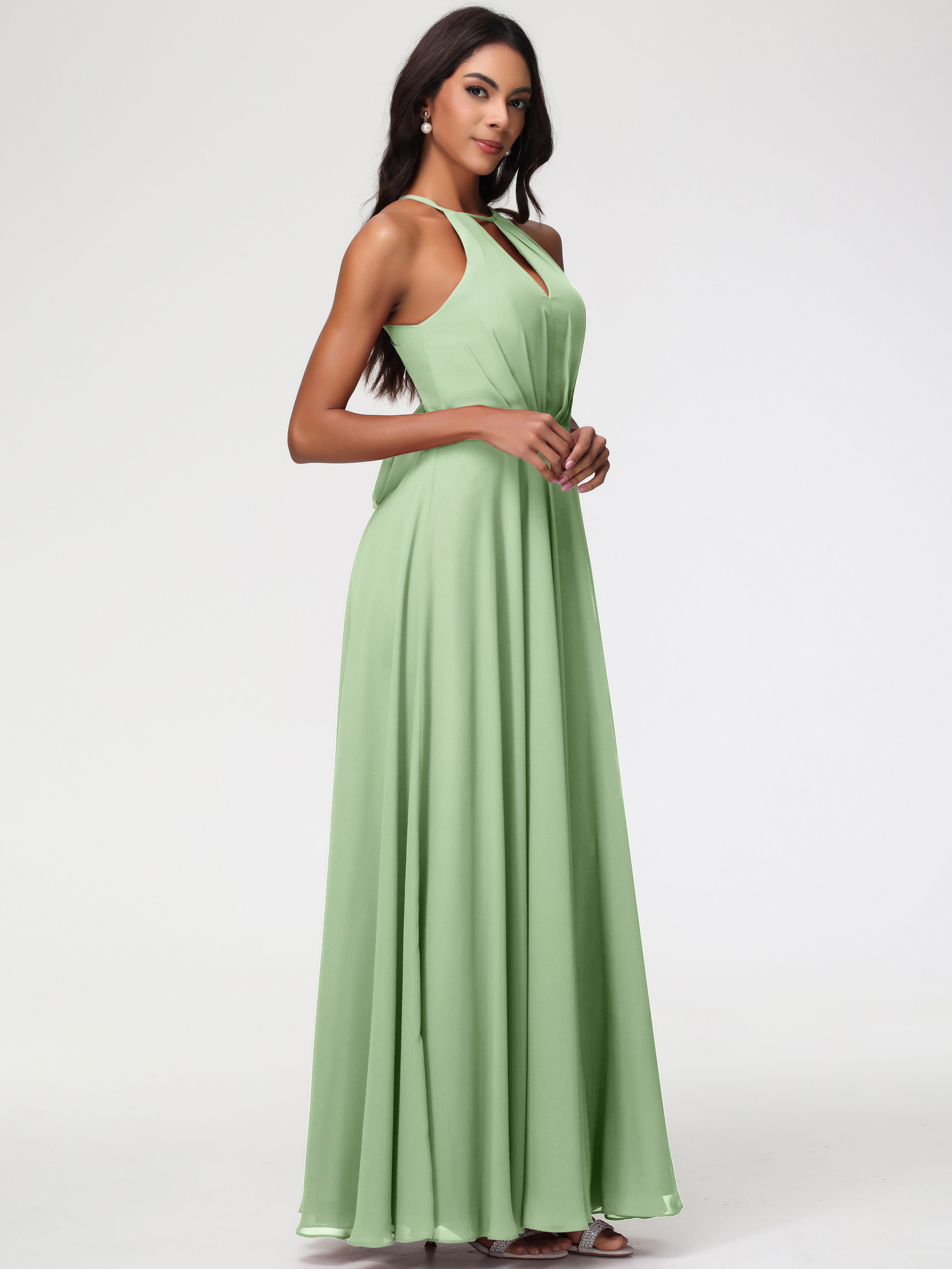 Halter A-Line Sleeveless Floor-Length Split Chiffon Bridesmaid Dresses