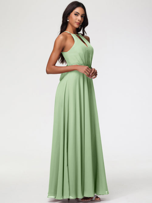 Short Halter Chiffon Bridesmaid Gown Dusty Sage Plus Size