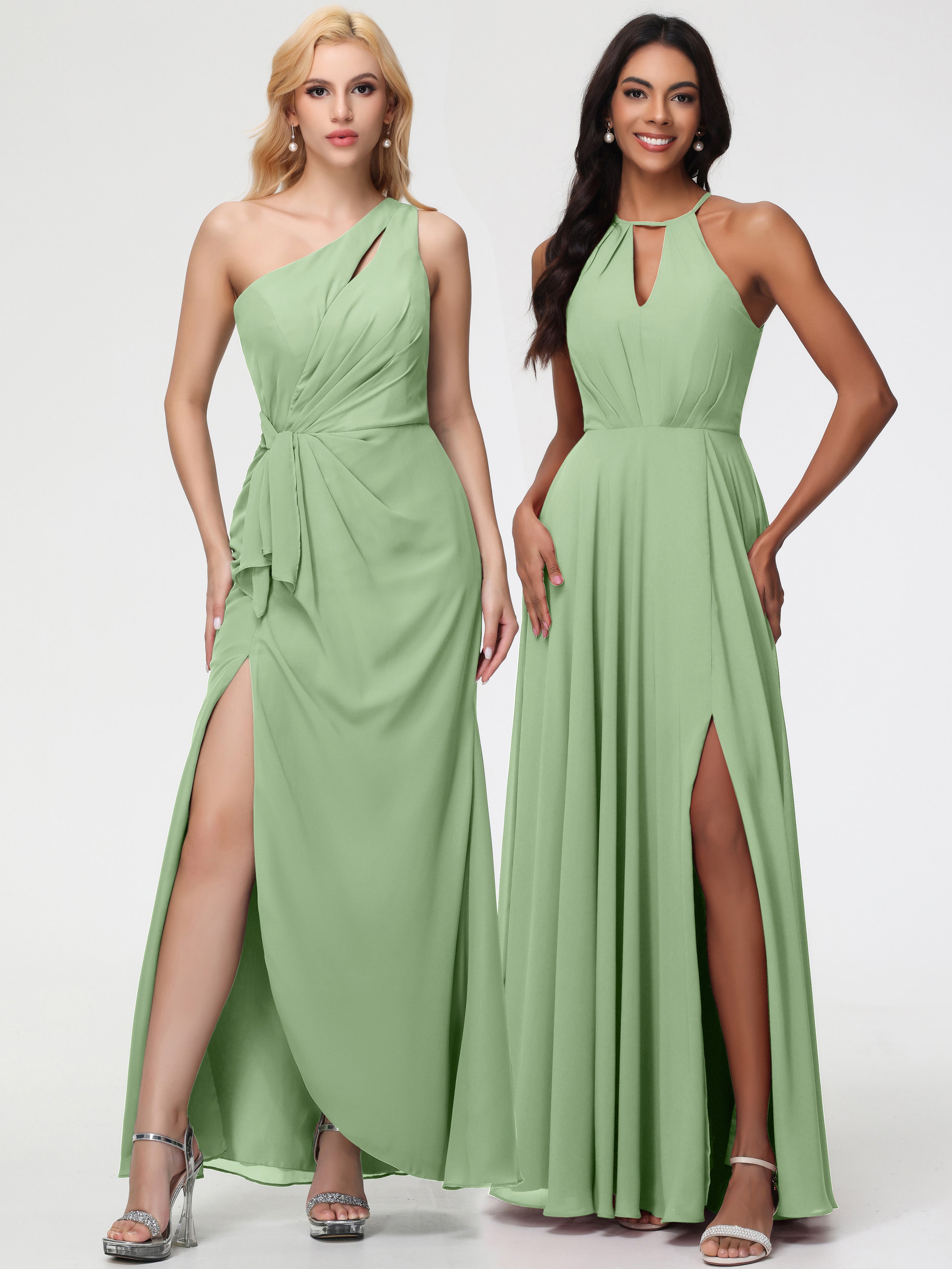 Halter A-Line Sleeveless Floor-Length Split Chiffon Bridesmaid Dresses