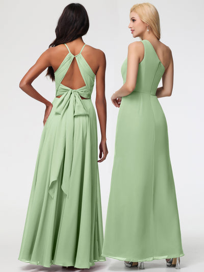 Sleeveless Halter Chiffon Lace Top Long Dresses Dusty Sage