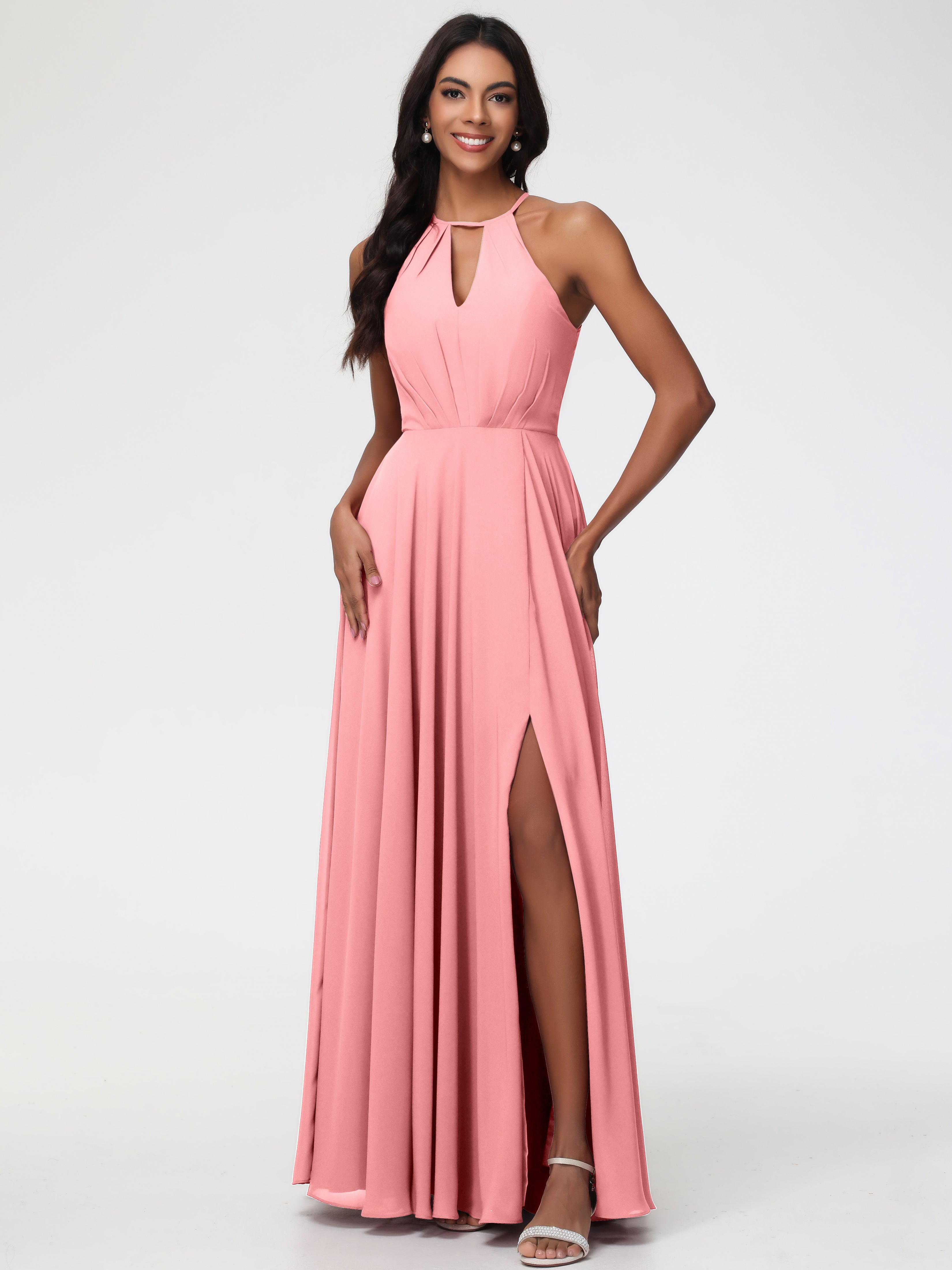 Halter A-Line Sleeveless Floor-Length Split Chiffon Bridesmaid Dresses