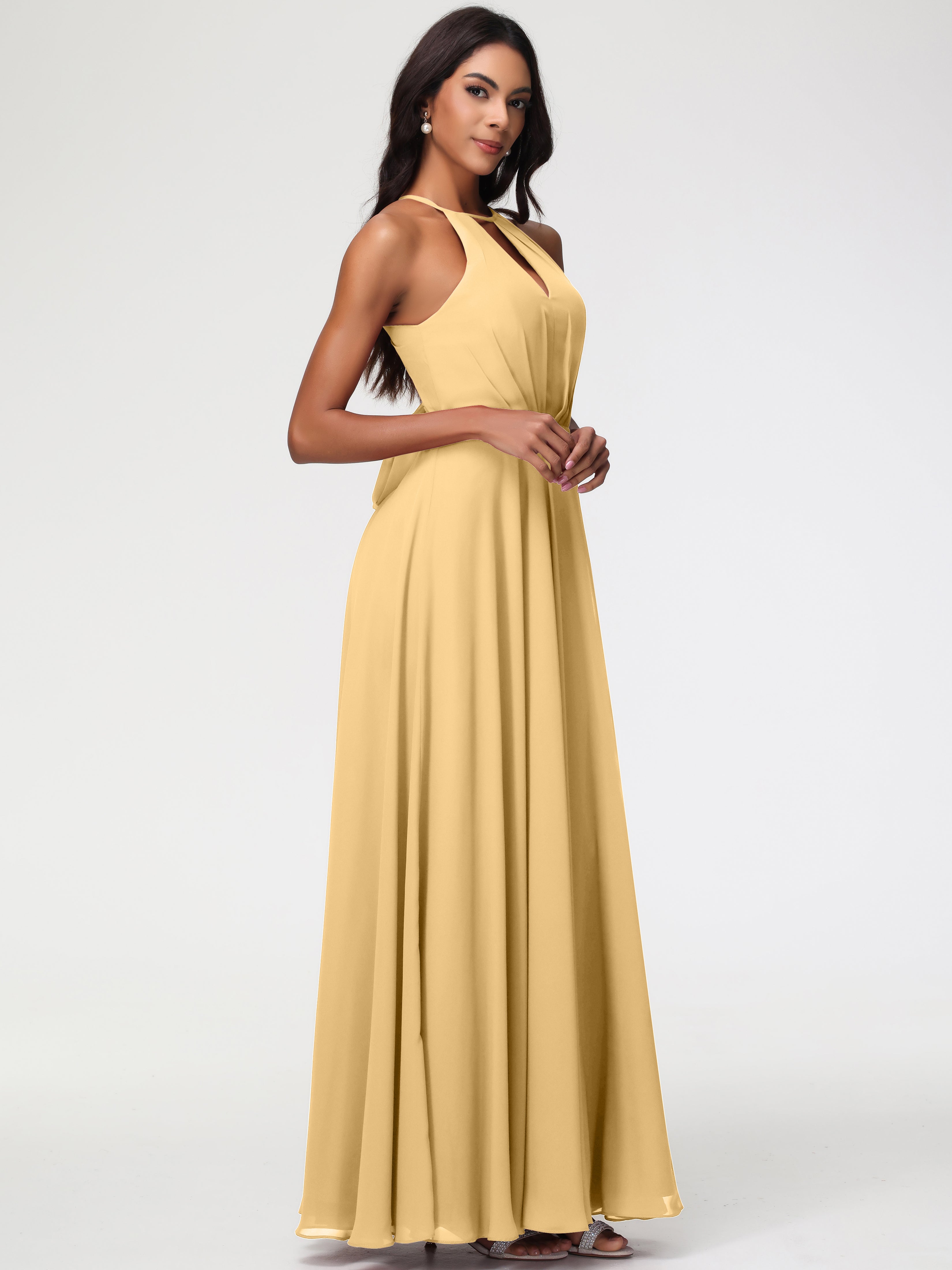 Halter A-Line Sleeveless Floor-Length Split Chiffon Bridesmaid Dresses