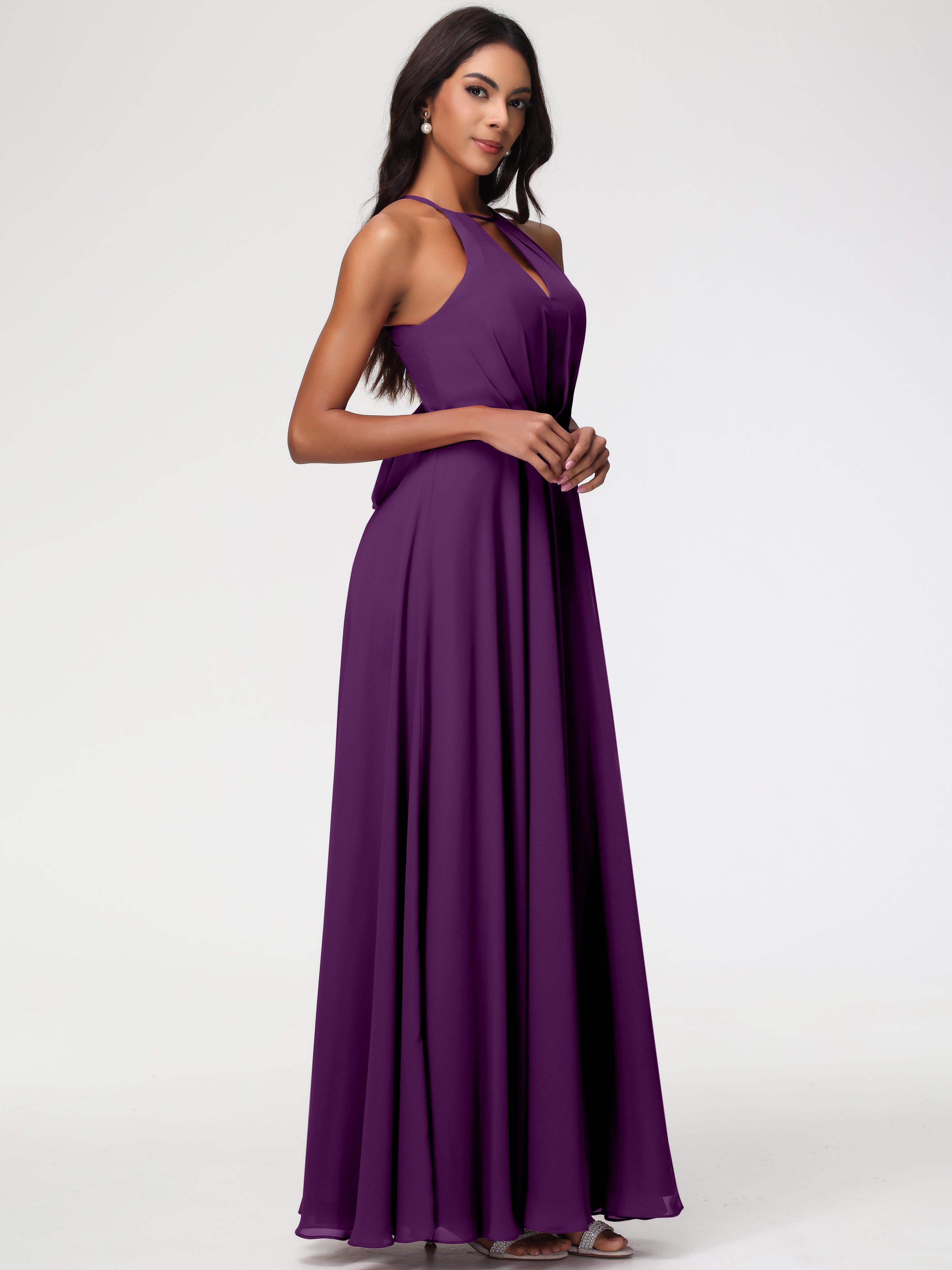 Halter A-Line Sleeveless Floor-Length Split Chiffon Bridesmaid Dresses